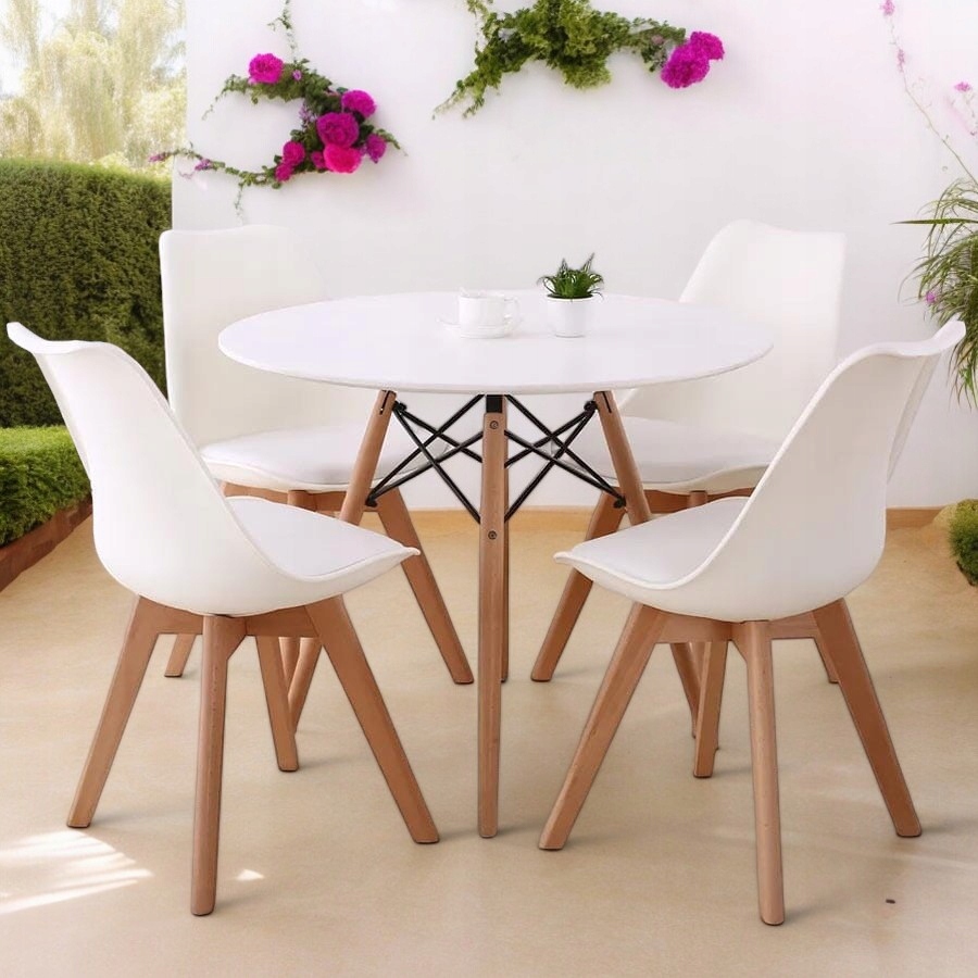 Zestaw Stół Kuchenny Okrągły 80cm Skandynawski + 4 krzesła Białe z Poduchą Materiał płyta MDF