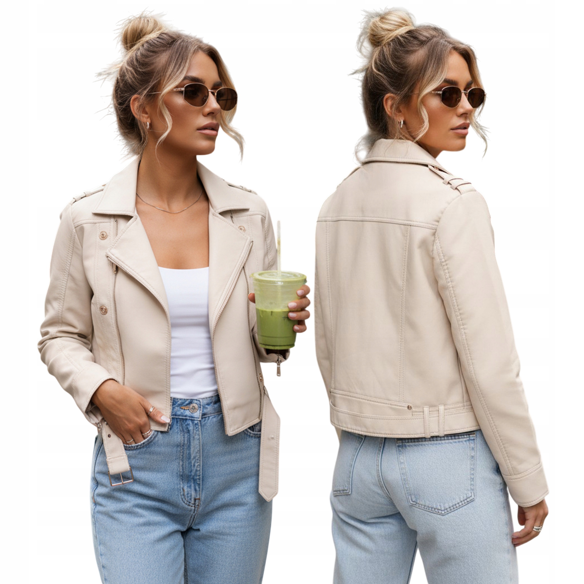 Ramoneska damska skórzana z asymetrycznym zamkiem beżowa TY5643 S