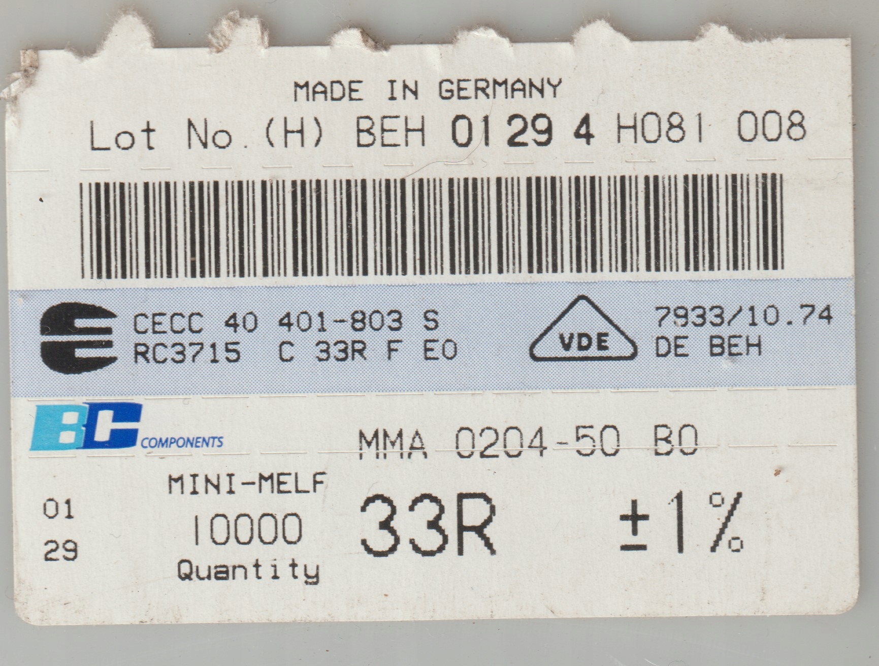 [100szt] 33R 1% 50ppm rezystor Smd minimelf MMA0204 Beyschlag low noise