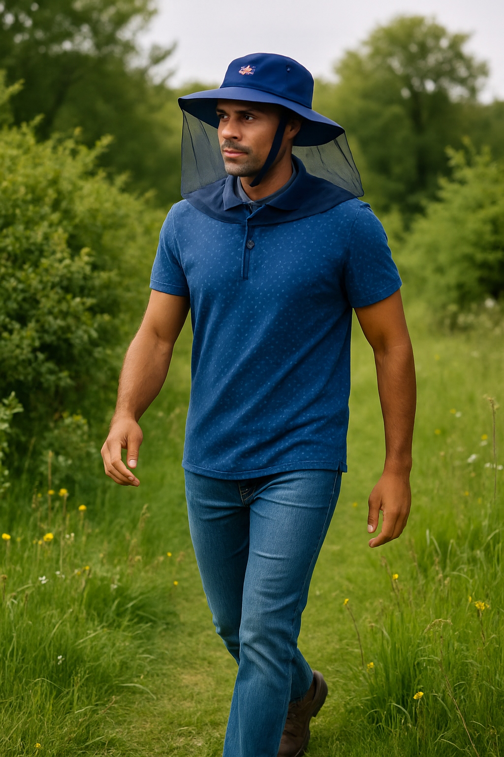 KAPELUSZ PRZECIWSŁONECZNY Z SIATKĄ MOSKITIERĄ CZAPKA OCHRONNA - CZAPKI Kolor niebieski