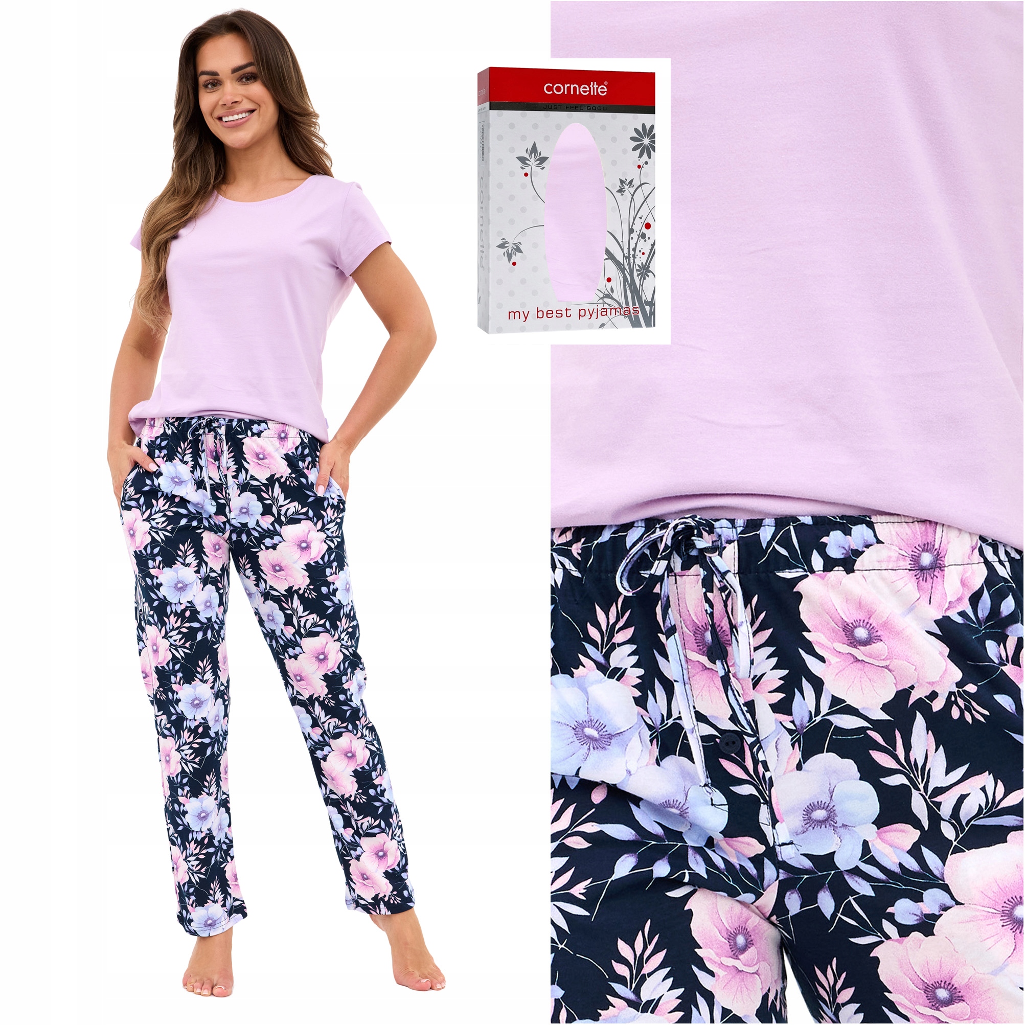 Piżama damska dwuczęściowa Cornette krótki rękaw długie spodnie w kwiaty L