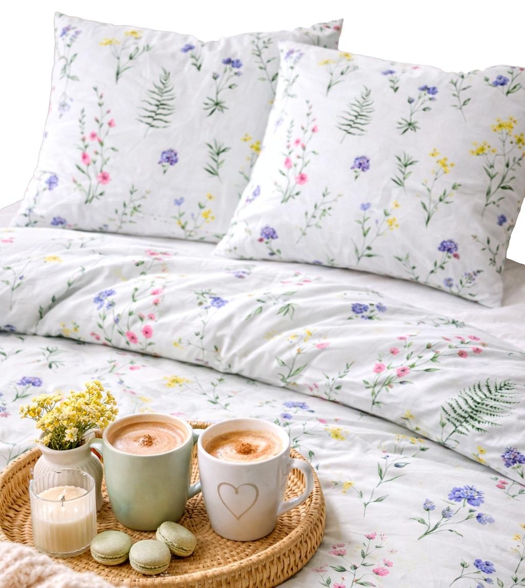 Pościel 140x200 satynowa łąka kwiaty drobny wzór biała łąka kwiatowa