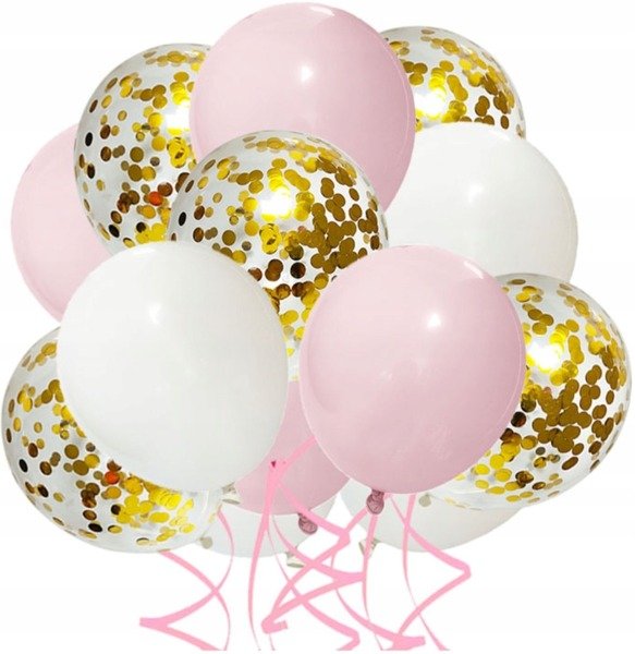 

Balony Różowe Białe z konfetti Złote na ślub 15szt
