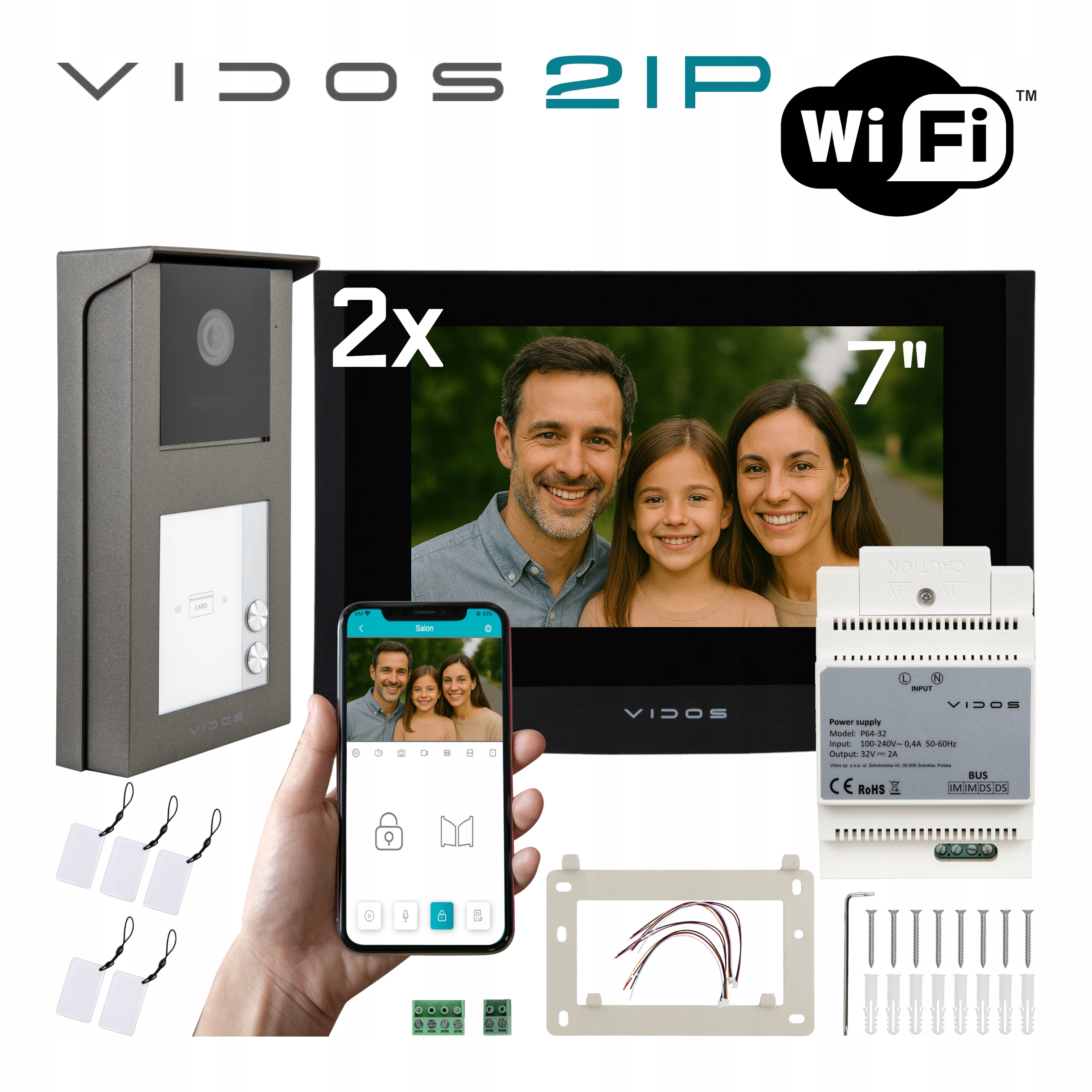 Zestaw wideodomofon 2x M200B-X S201-2 Vidos 2IP, czytnik, Android/iOS