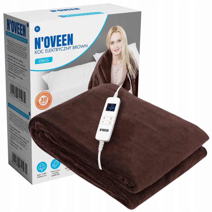 Koc elektryczny N'oveen brązowy polarowy 180x130 cm z pilotem