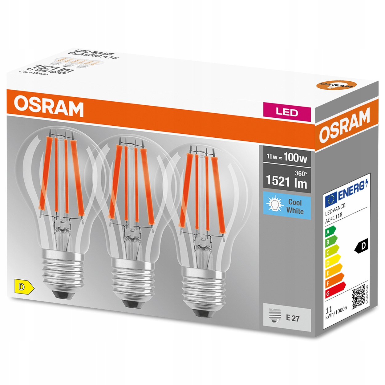 3X Żarówka LED E27 11W = 100W 4000K Filament OSRAM