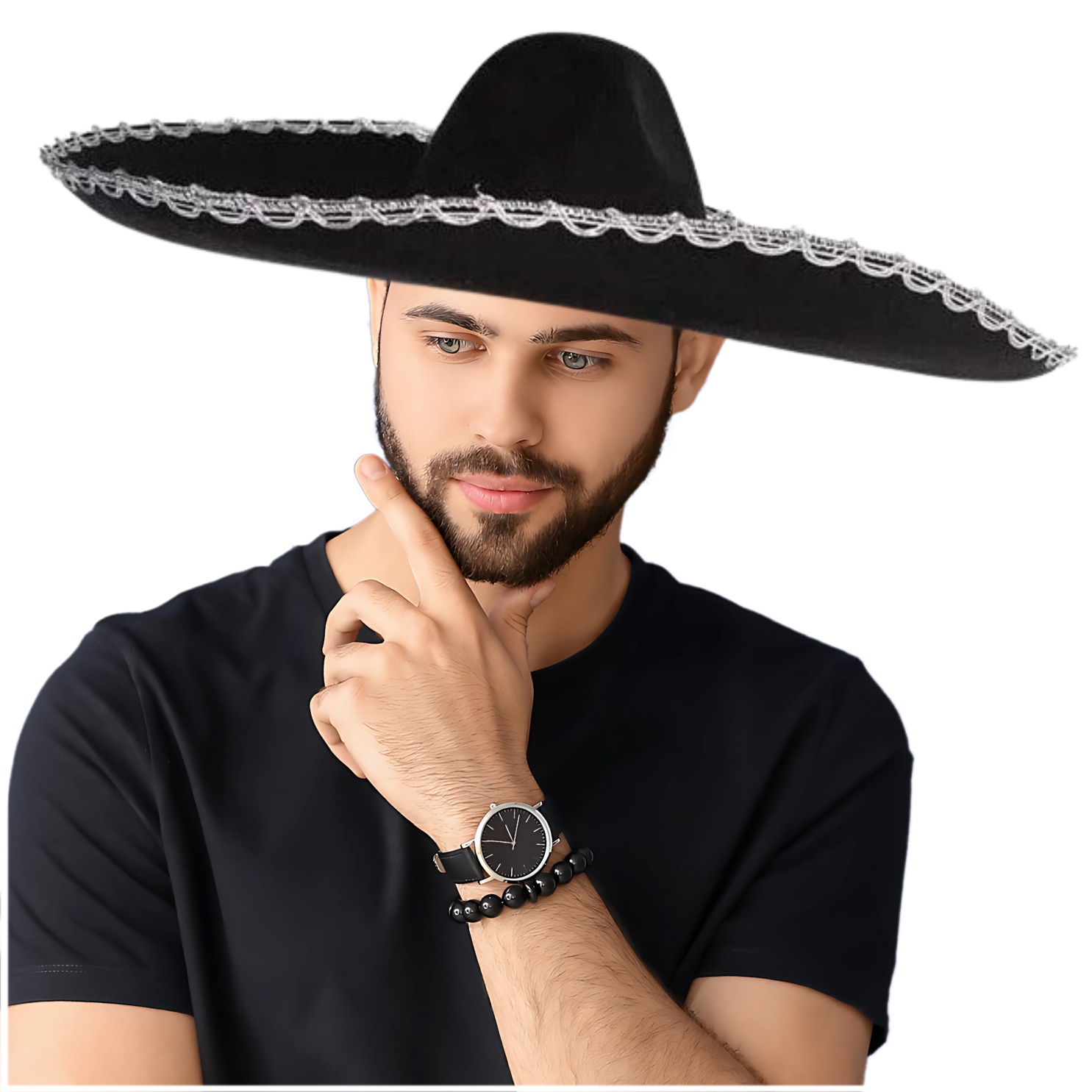 SOMBRERO MEKSYKAŃSKIE KAPELUSZ CZARNE LAMÓWKĄ SREBRNĄ MEKSYKANIN DUŻE 50 CM