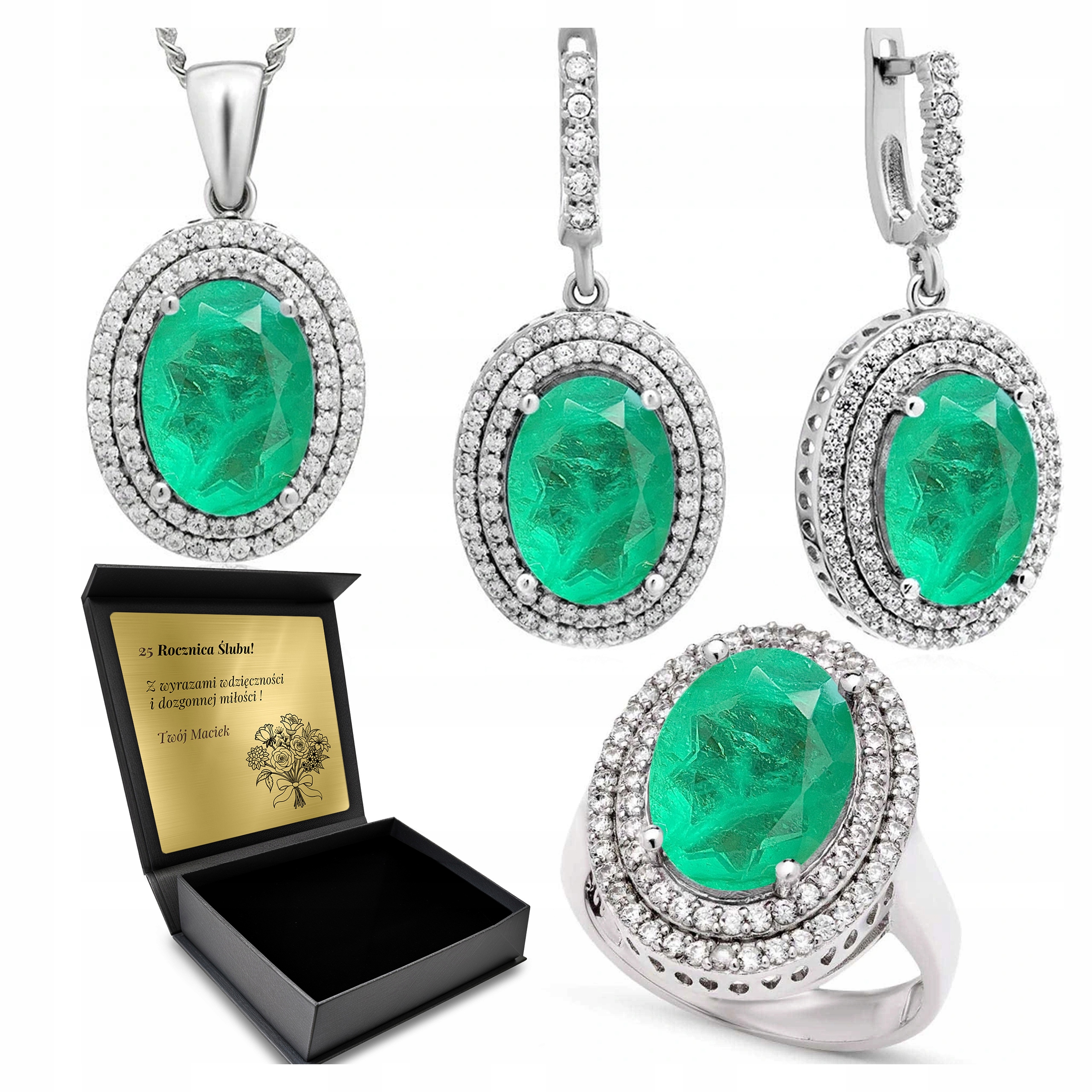 Komplet Stříbrných Šperků 925 Zirkony Turmalín Dárek pro ženu Gravírování