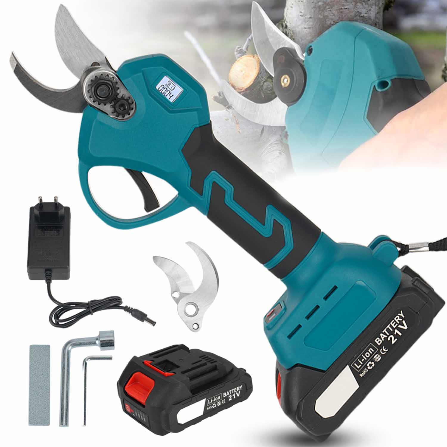 Výkonný 21V Zahradní nůžky Elektrické Akumulátorové Nůžky 2 Aku 25 MM 120 W