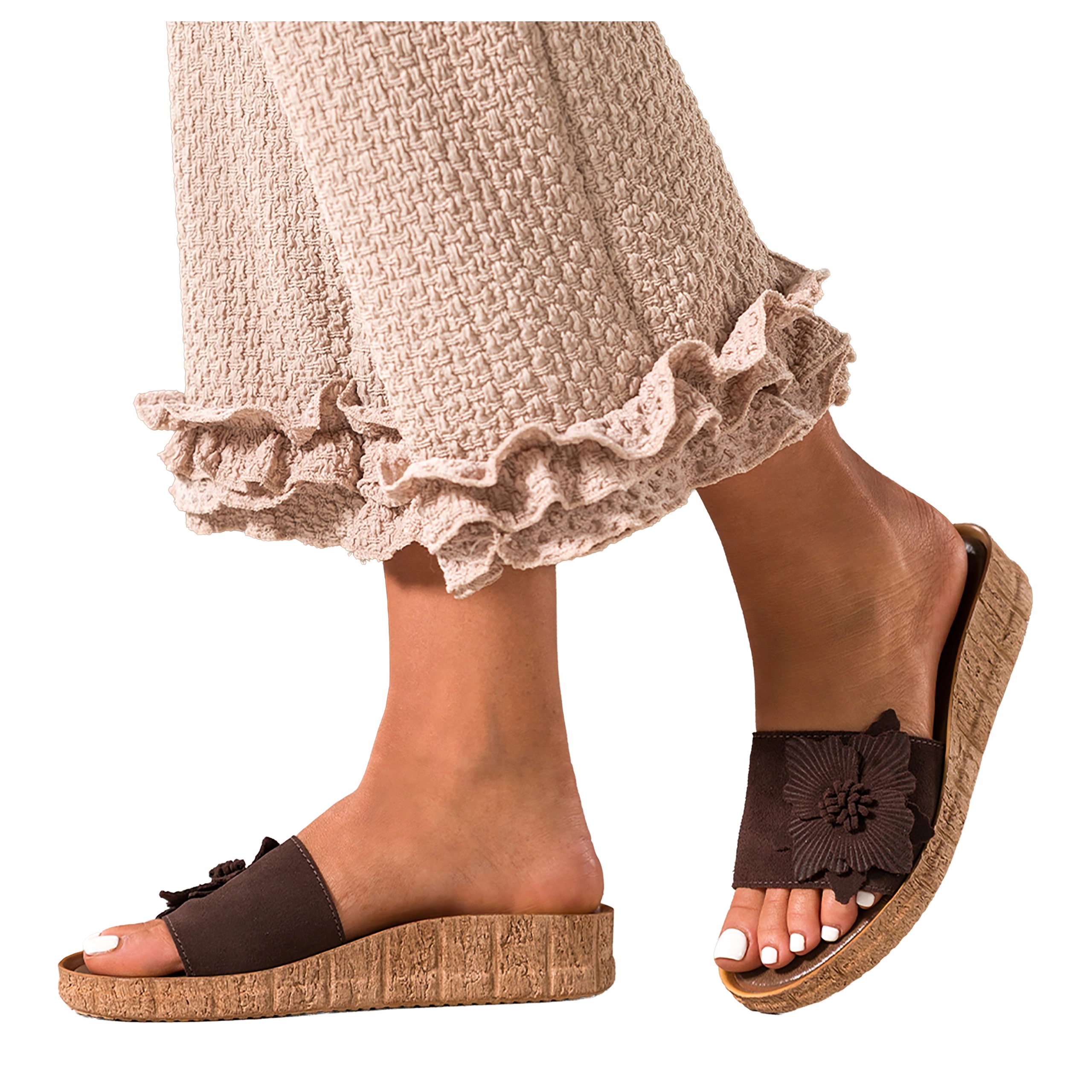 Čokoládové Nazouváky Dámské Na Koturně Módní Pásek S Květem Kožené vel. 37