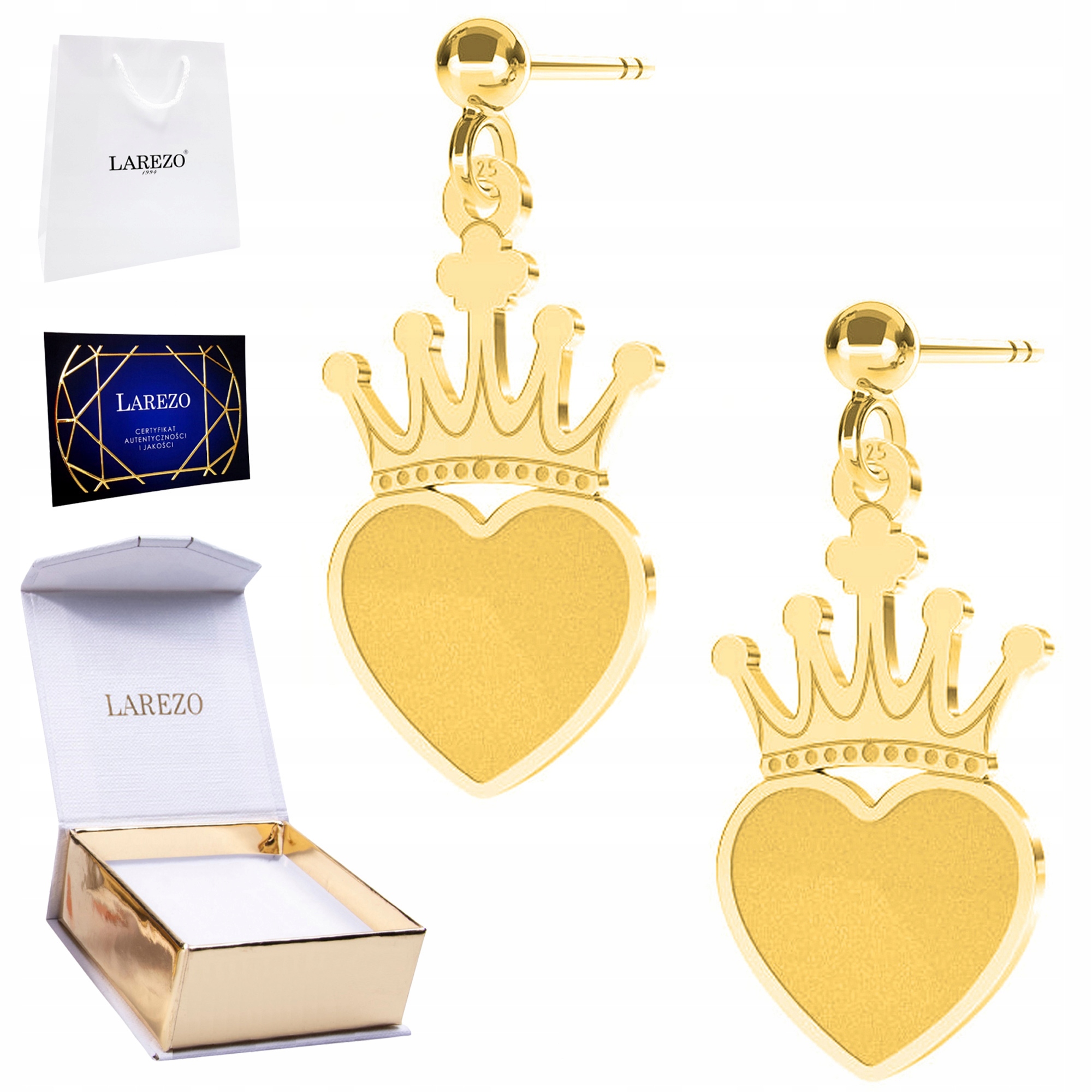 Zlaté Náušnice 925 Koruna se srdcem na tyči Láska Srdce Koruny 24K