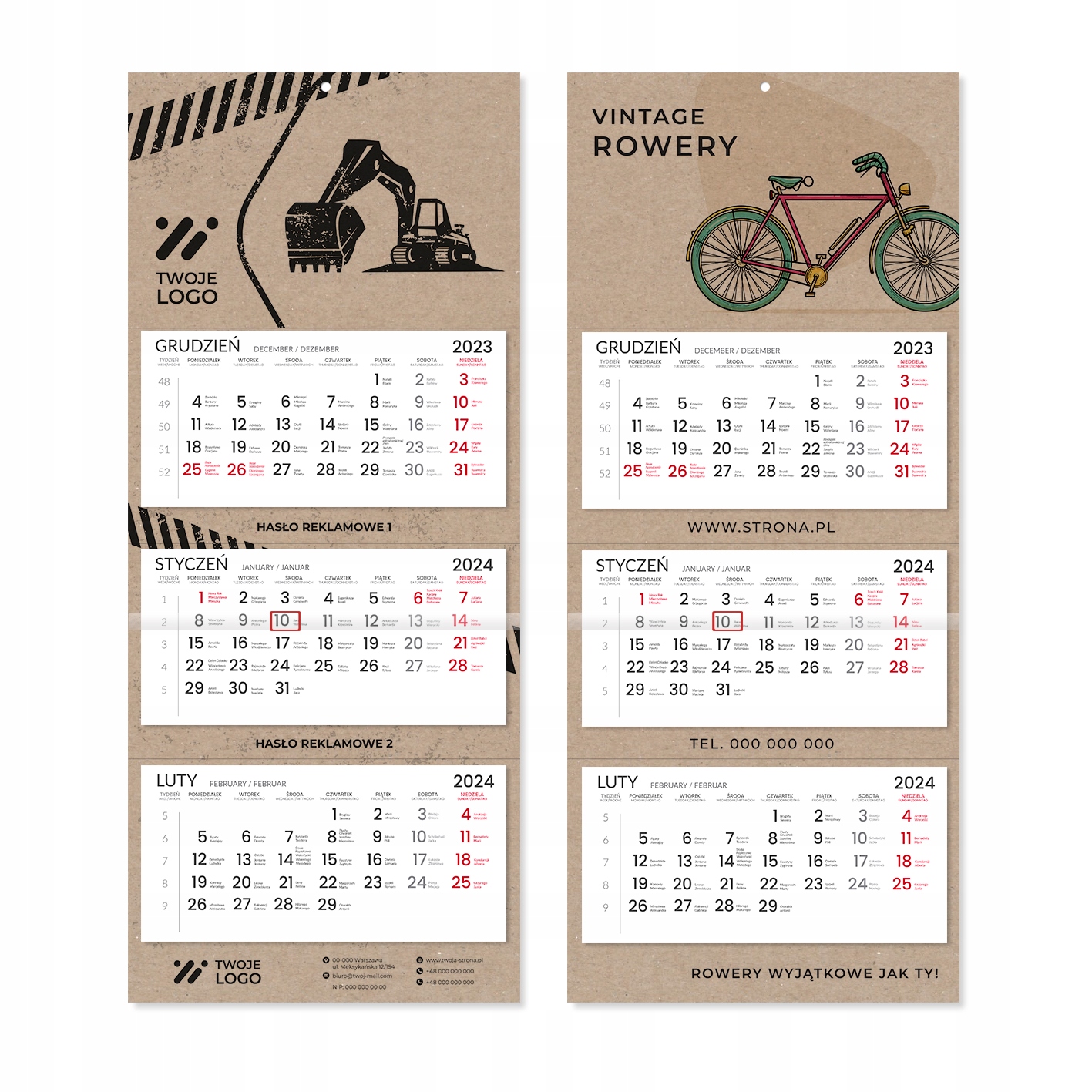 EKO kalendarz trójdzielny 2024 z własnym nadrukiem