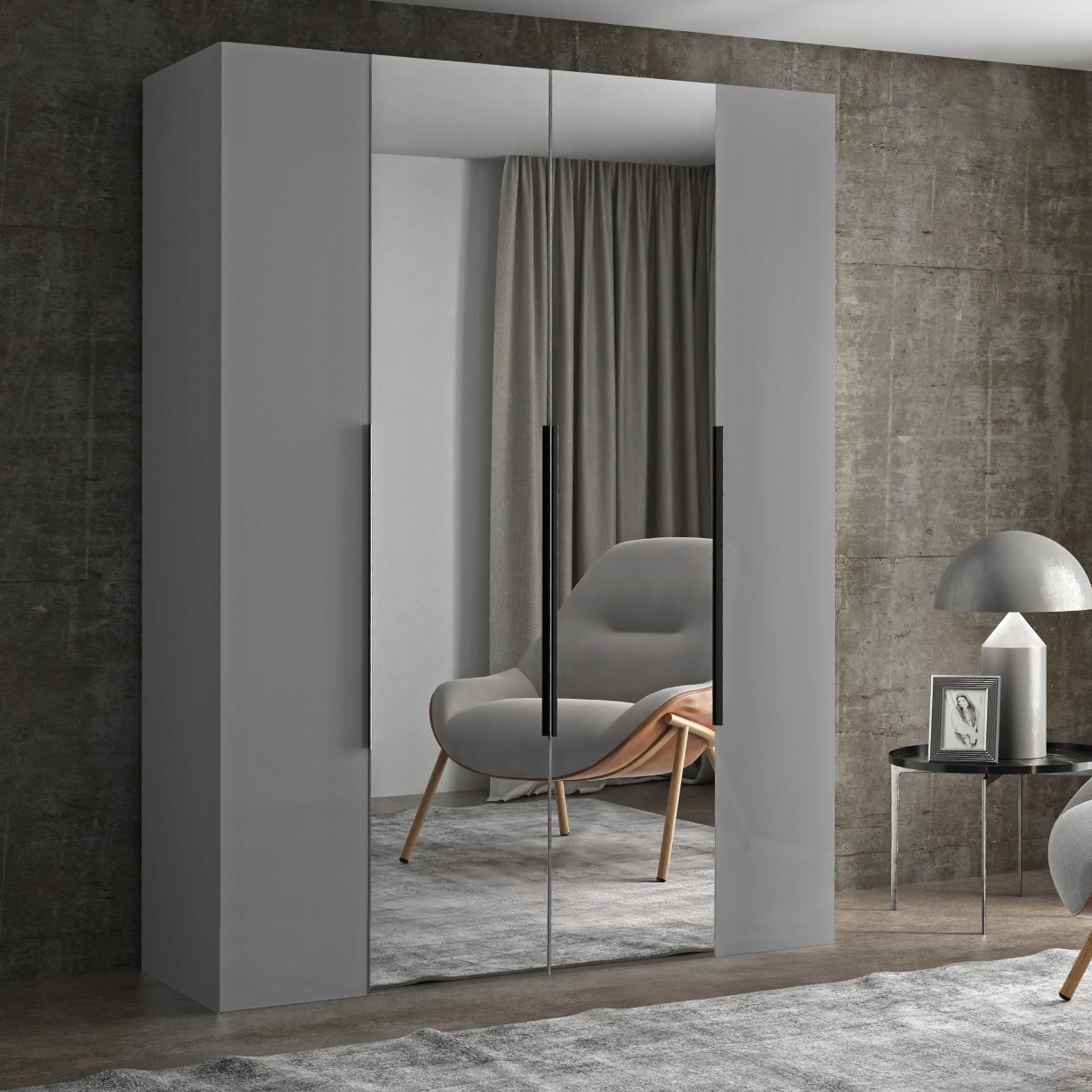 Šedá Čtyřdveřová Prostorná Skříň Se Zrcadlem Na Oblečení Lille 180