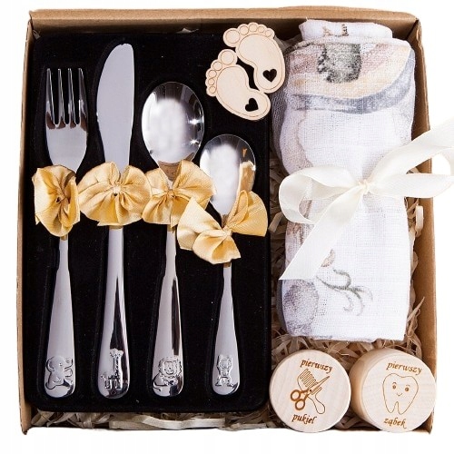 Zestaw na Baby Shower narodziny Chrzest Roczek Sztućce i pieluszka