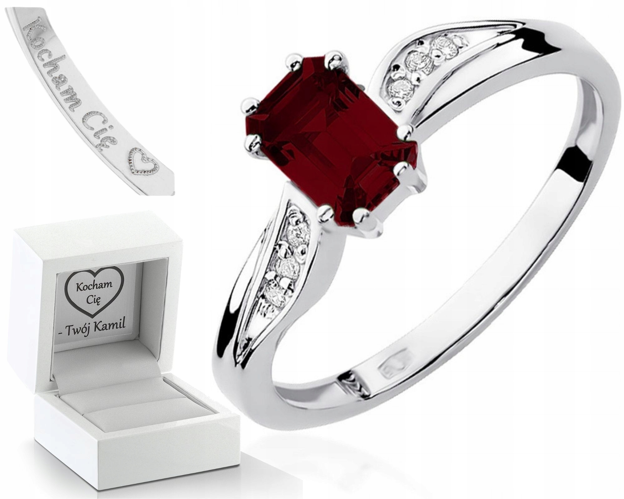 Prstýnek Granát Bílé Zlato Gravírování Bonus 585