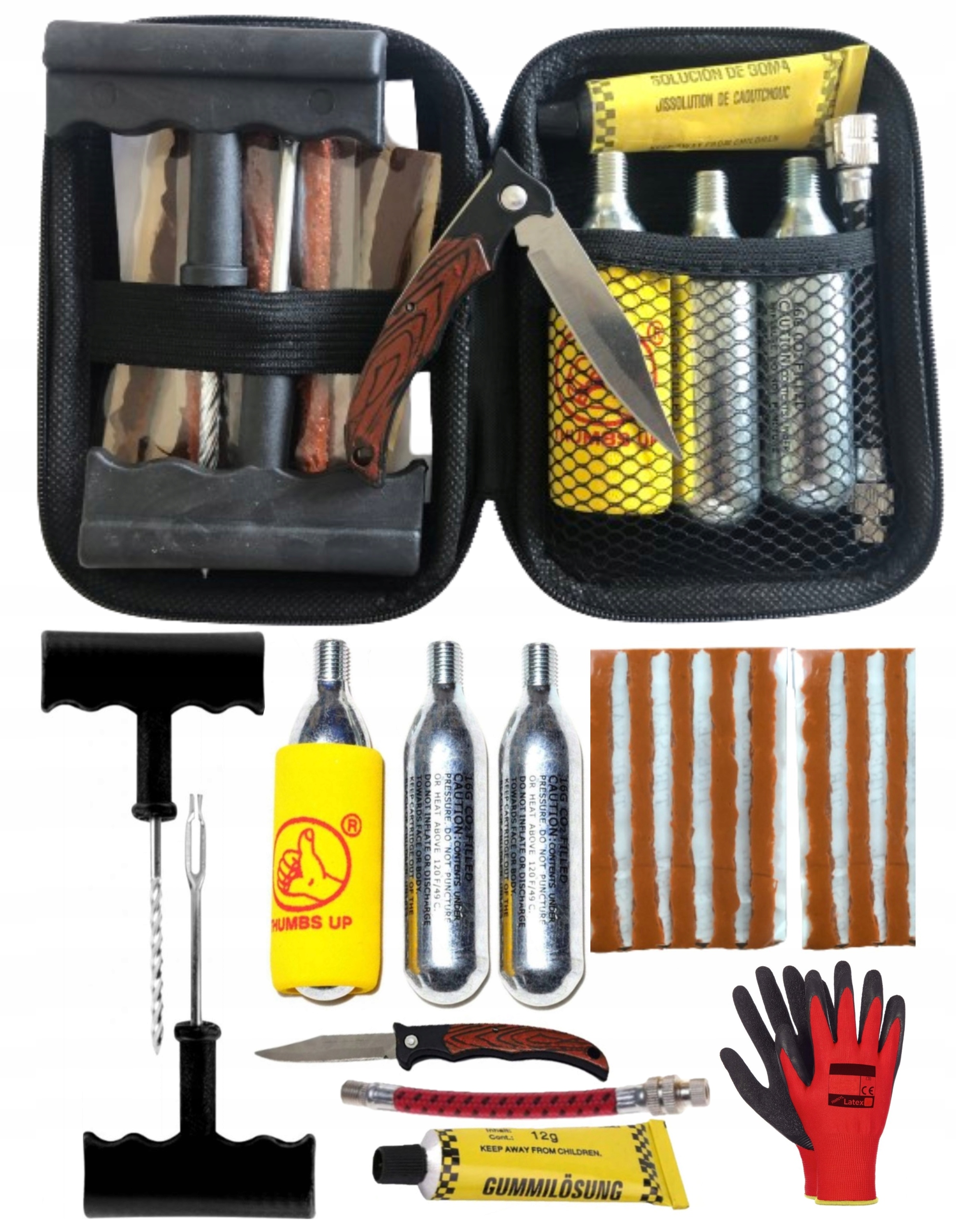 ZESTAW NAPRAWCZY DO OPON KÓŁ MOTOCYKLOWYCH PRZEBITYCH ETUI MOTOR NABOJE CO2