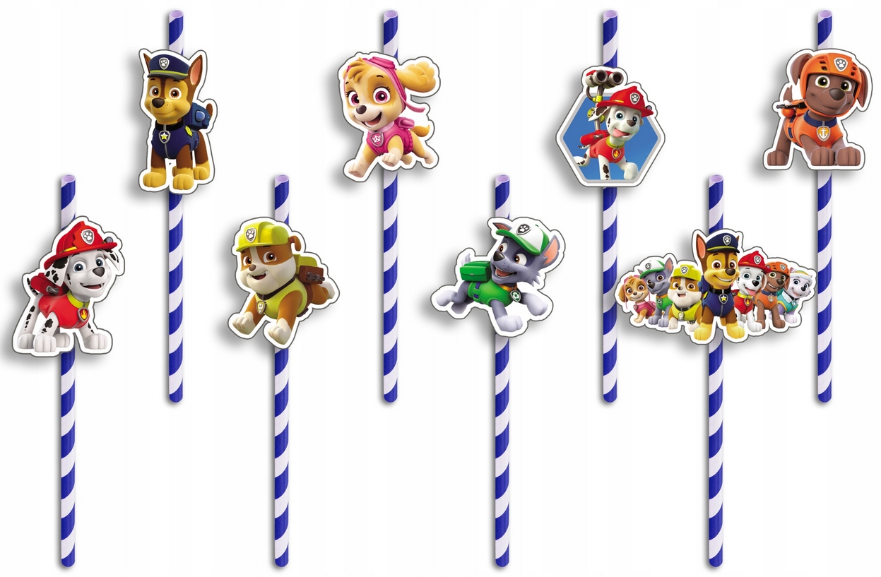 SŁOMKI URODZINOWE z POSTACIAMI - PSI PATROL CHASE SKYE BAJKI - 8 szt.