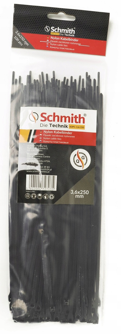 TRYTKI OPASKI ZACISKOWE KABLOWE 3,6x250 NYLONOWE CZARNE 100szt SCHMITH