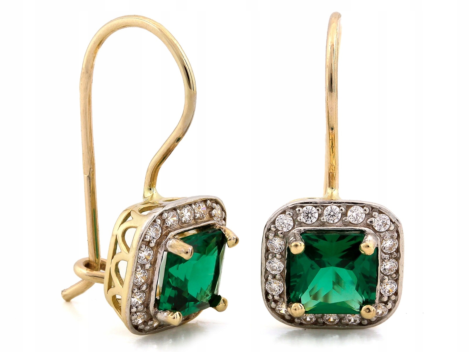 Náušnice zlaté 585 se syntetickým smaragdem v rámu z bílých zirkonů