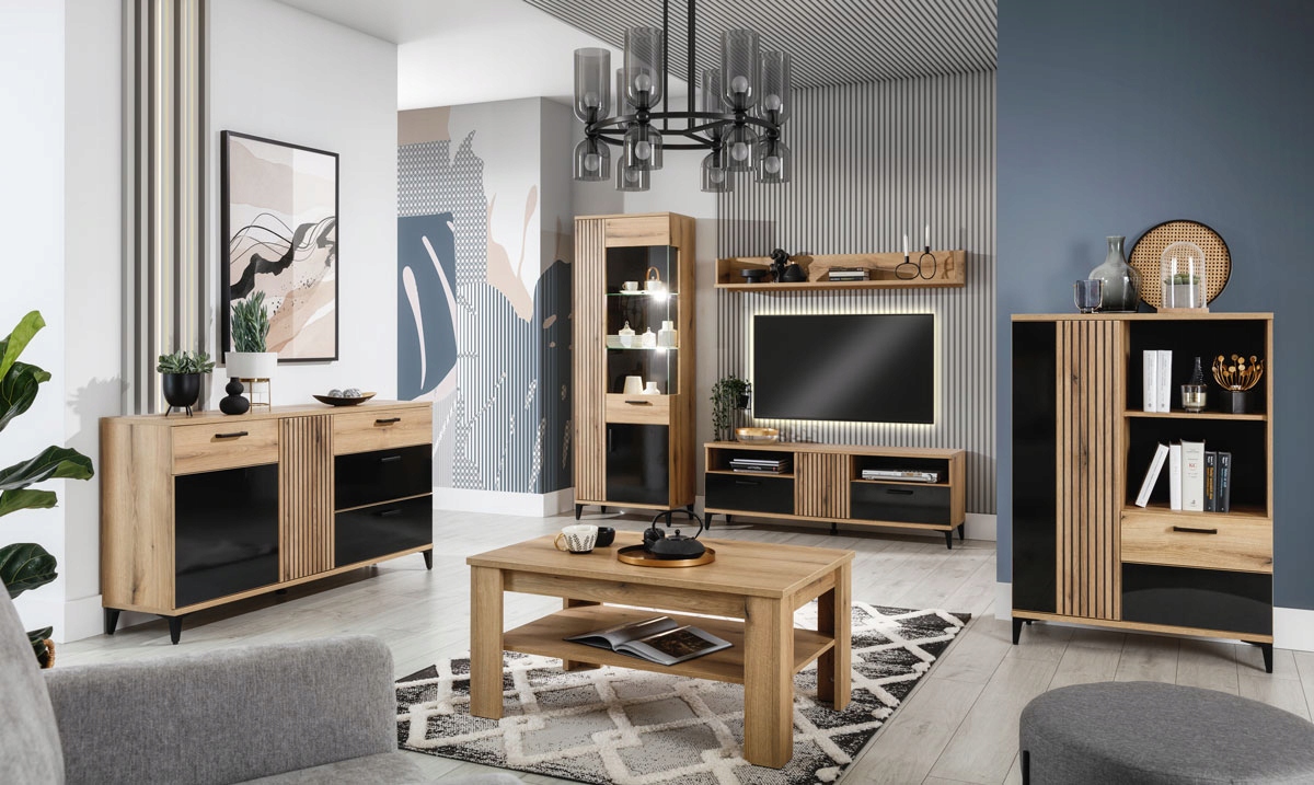 Witryna ARIS AS06,dąb evoke/czarny połysk, LIVEO, GRATISY,szybko Materiał płyta laminowana