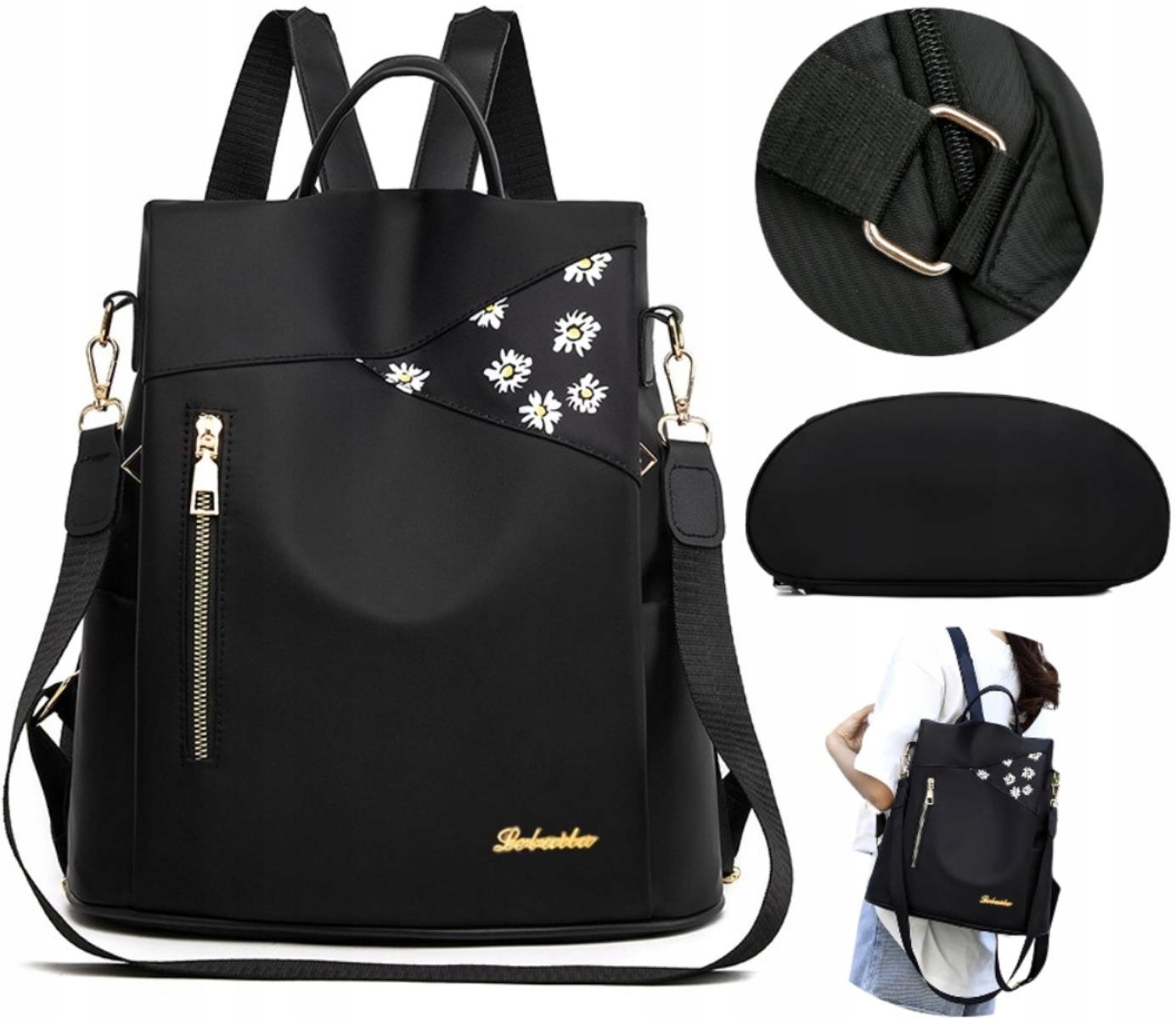 

Damski Plecak Czarny Kwiaty 2w1 torba na ramię