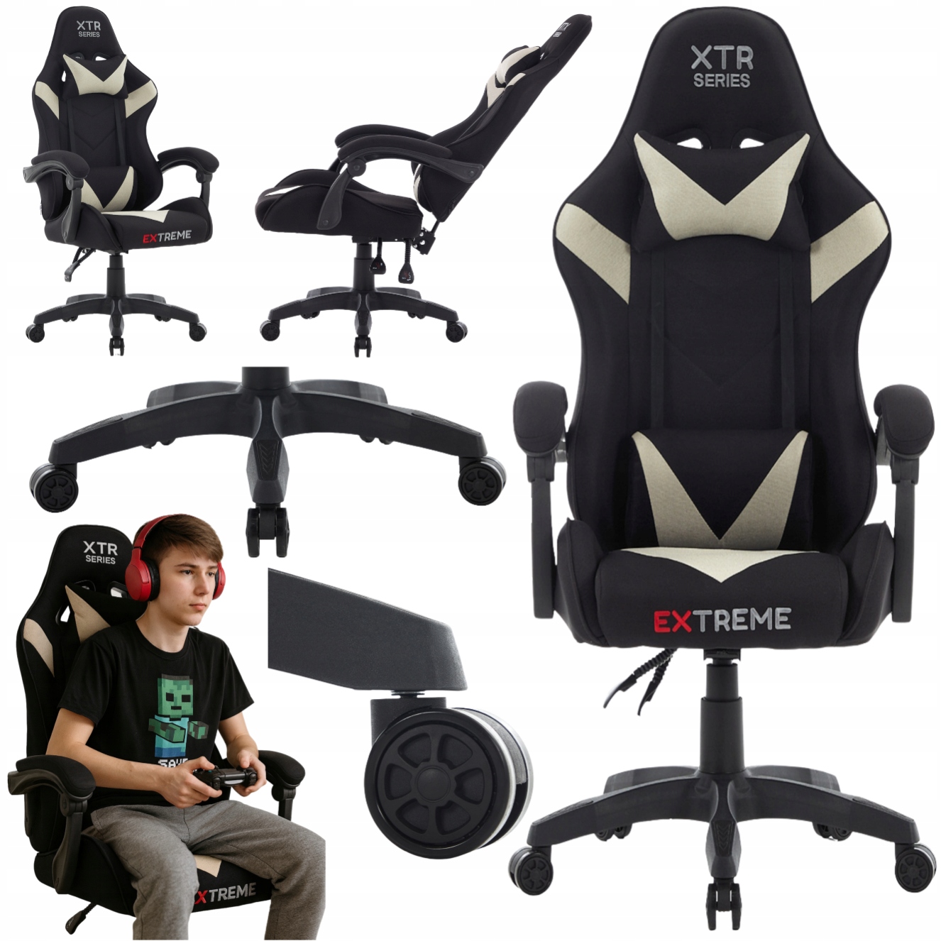 Fotel Gamingowy Obrotowy Materiałowy Extreme Xtr Czarny Beż Krzesło Gracza