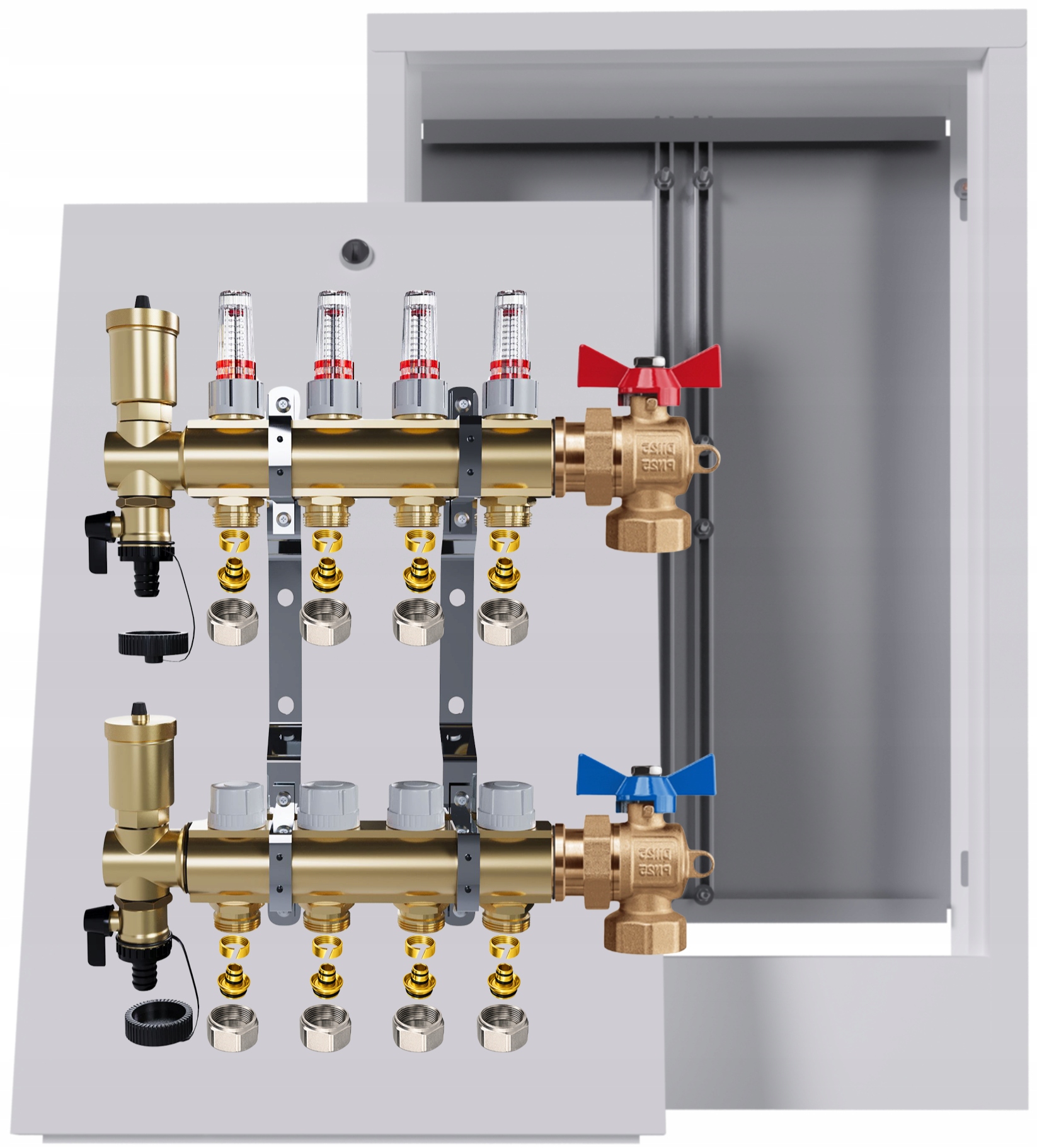 Mosazný rozdělovač podlahy 4 okruhy nástěnná skříňka kulový Pex