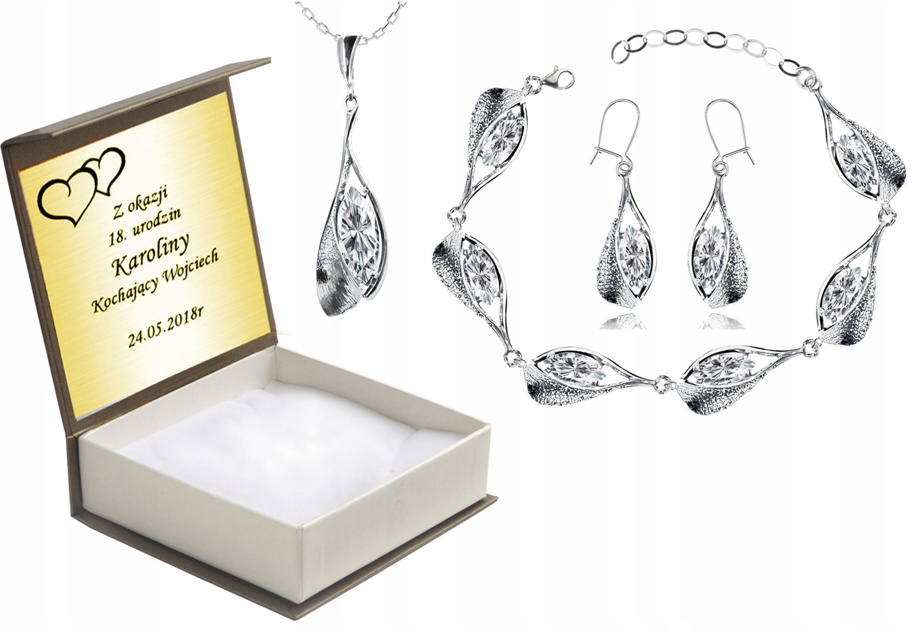 

Komplet Biżuterii Srebrnej Z Cyrkoniami + Grawer