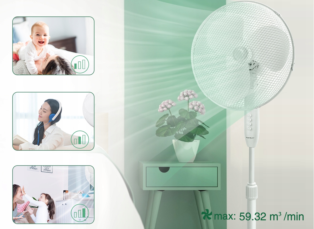 MOCNY WIATRAK PODŁOGOWY WENTYLATOR STOJĄCY 40W Kolor dominujący biały