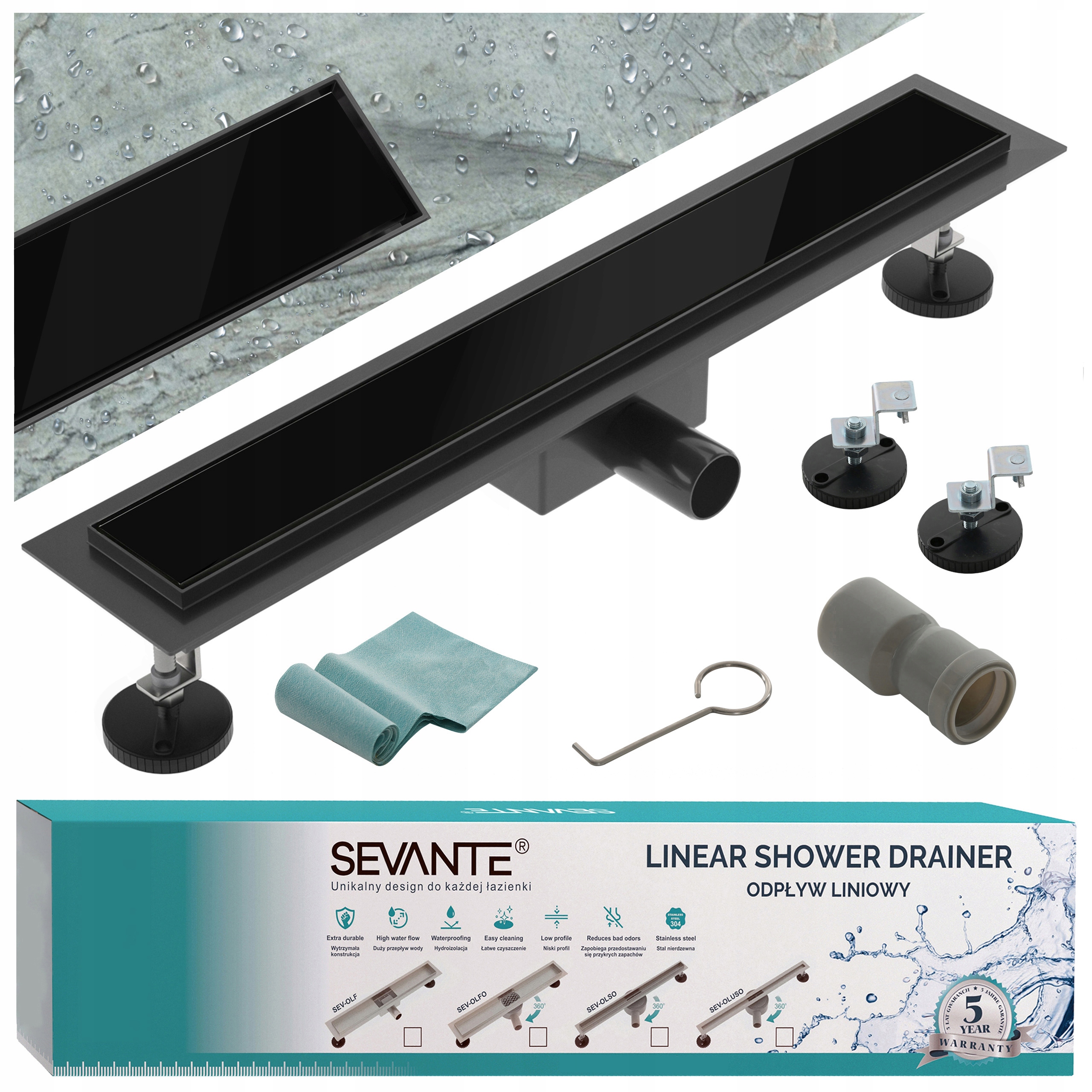 Lineární odtok s maskovacím krytem 120 cm Flat, černé sklo nerezová ocel Sevante