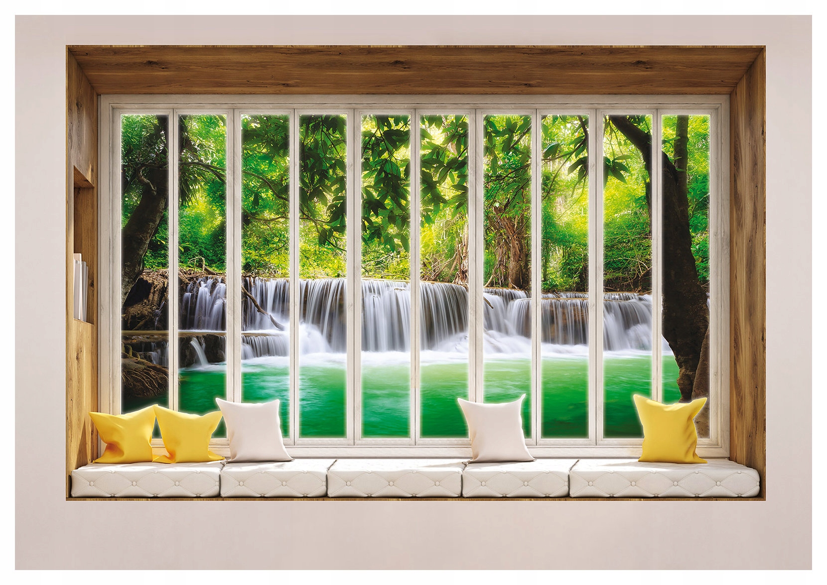 Fototapeta Okno do lesa Vodopád zeleň vinylová 312x219 lepidlo
