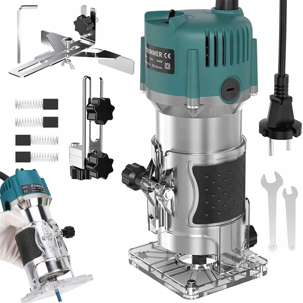 800W Frézka na dřevo s průhlednou základnou a 15 frézami, modrá