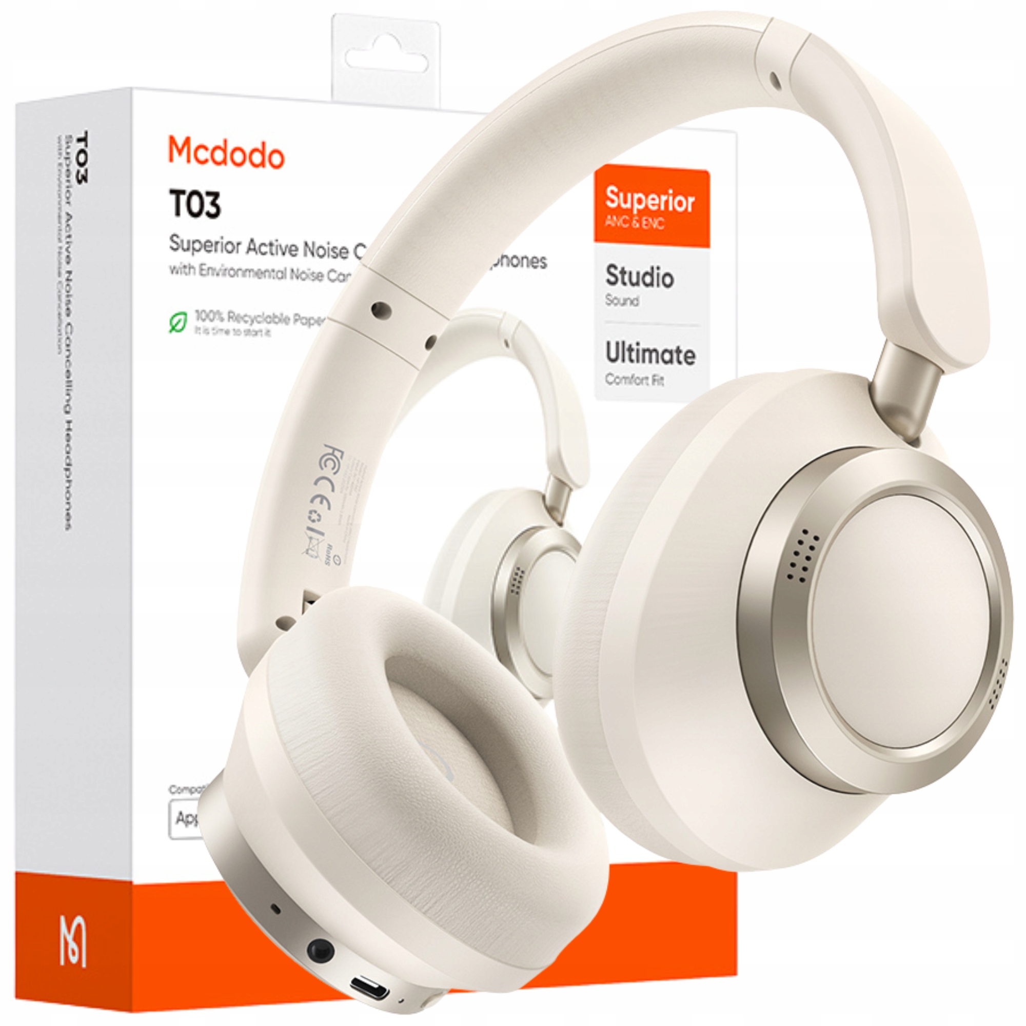 Mcdodo Bezdrátová Sluchátka Do Uší Bluetooth S Mikrofonem Anc Béžová