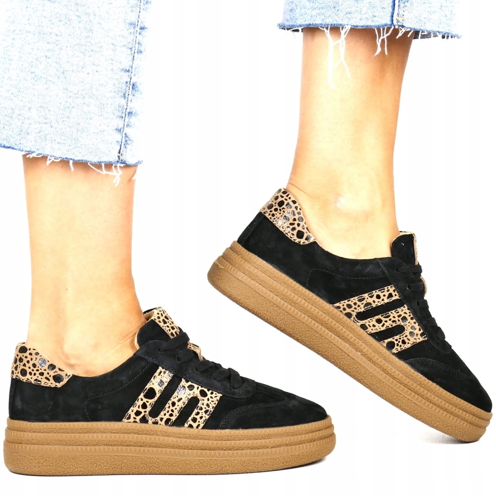 Dámské Kožené Tenisky Polobotky Z Kůže Leopard Panterka Černé Semiš