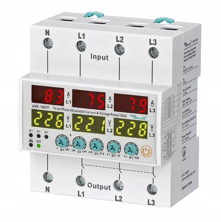 Proudové relé, napěťové, pořadí fází AVR-100TF, 100A, 3x380v