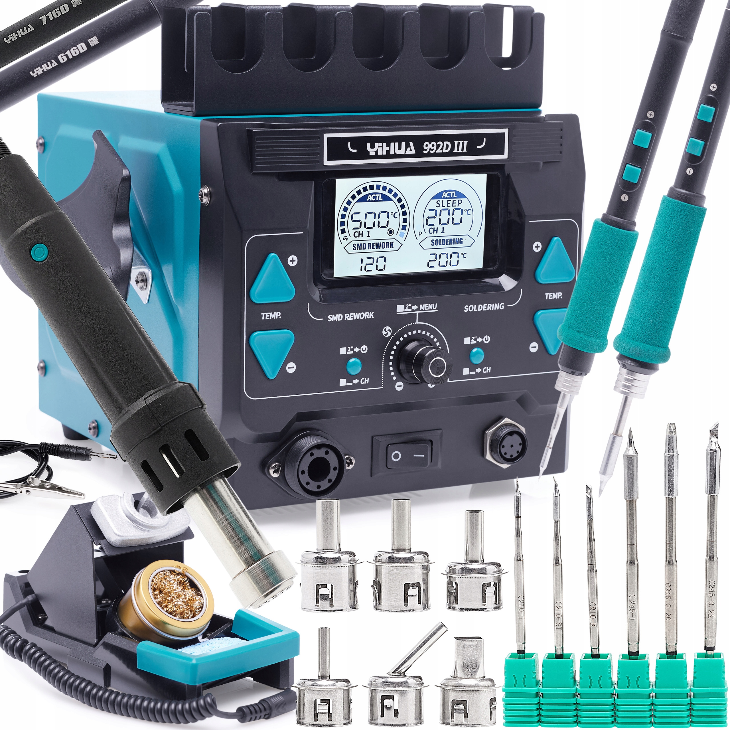 Pájecí Stanice Yihua 992D-III 2V1 LCD Hot-air Hroty C245 C210 6 Trysek