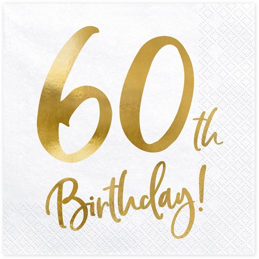 SERWETKI PAPIEROWE BIAŁE ZŁOTE METALIK NA 60 URODZINY 3-WARSTWOWE 20 SZT