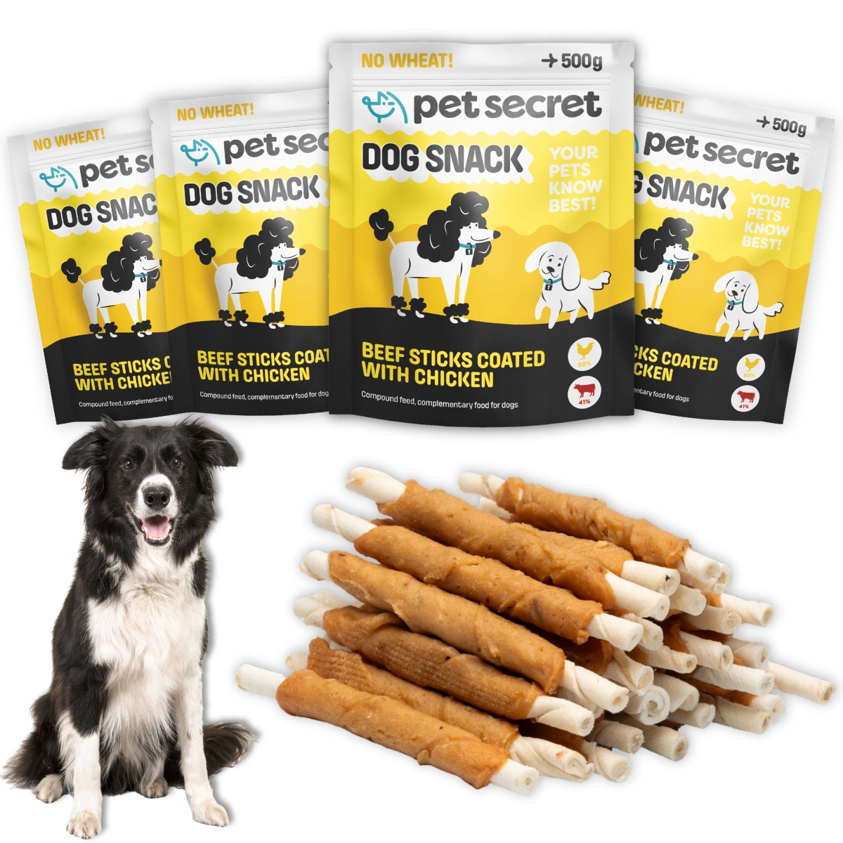 Pamlsky pro psa 4x500g Hovězí tyčinky zalité kuřecím masem Pet Secret Kousátko