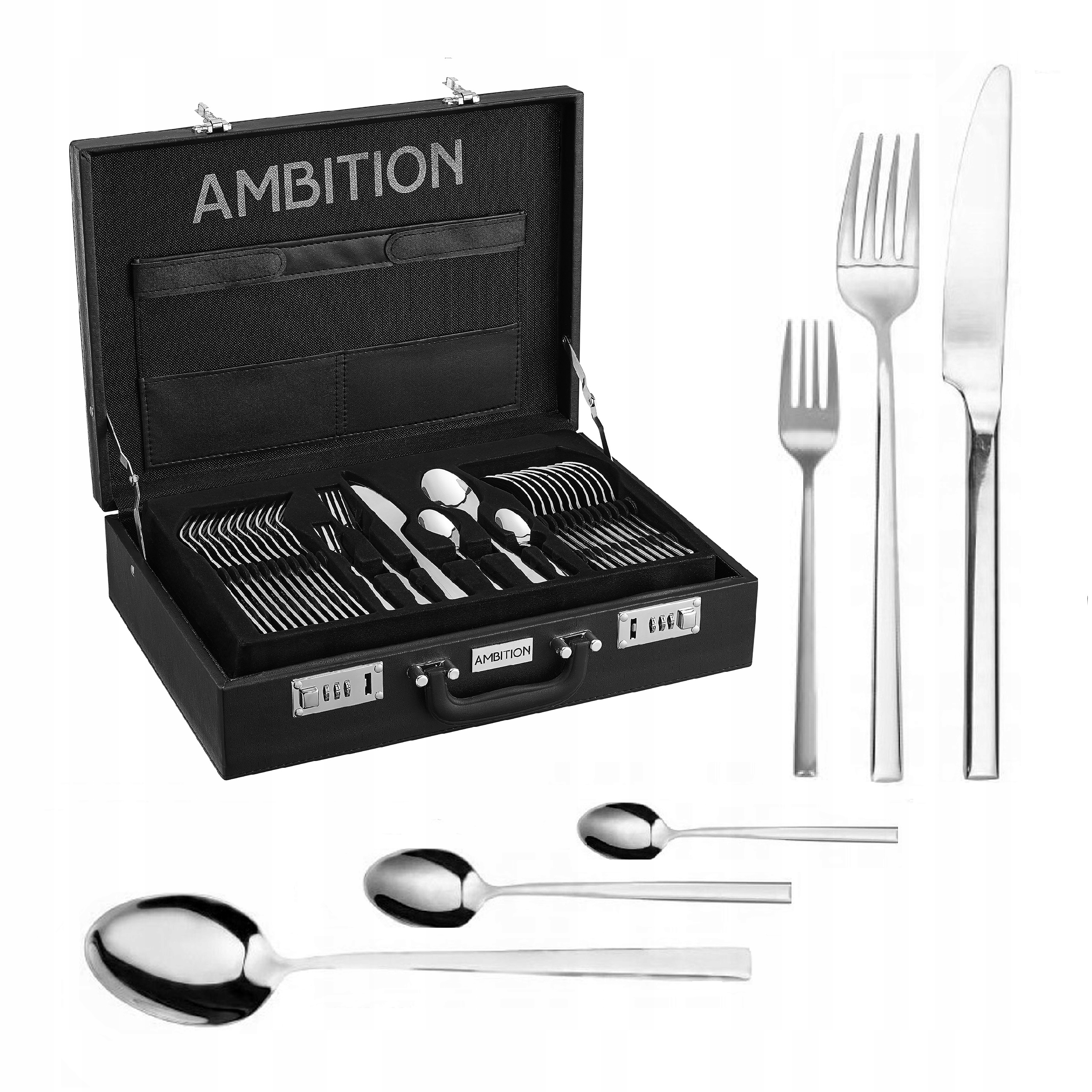 AMBITION COMO 72 SZTUĆCE SREBRNE PROSTE MODERN ZESTAW W WALIZCE NA 12 OSÓB