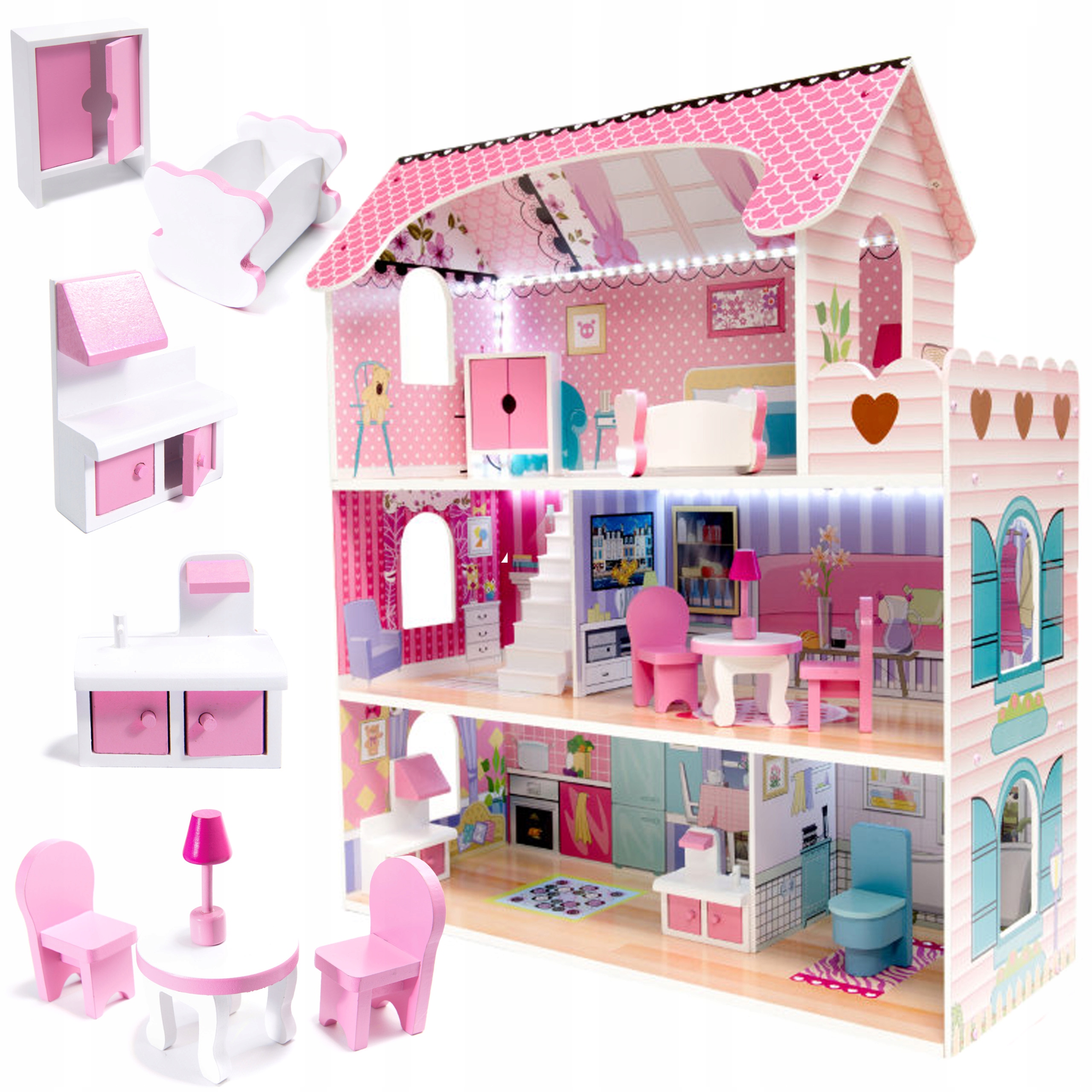 DOMEK DLA LALEK DREWNIANY RÓŻOWA WILLA XXXL ŚWIATŁO LED AKCESORIA MEBELK