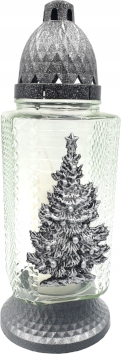 ZNICZ LAMPION SZKLANY LA 364 APLIKACJA CHOINKA SREBRNY wysokość 28cm