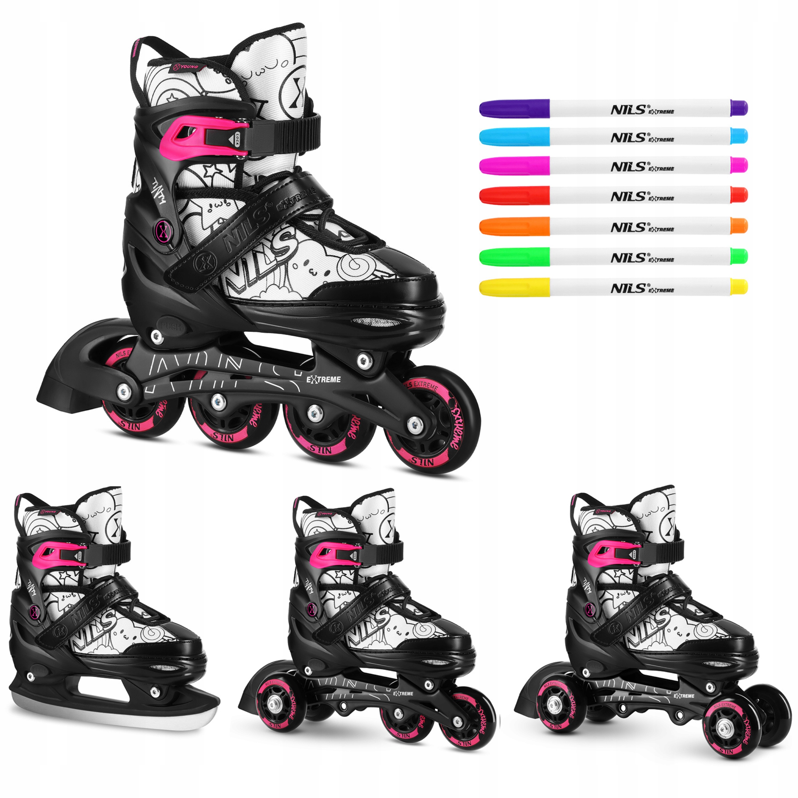 Wrotki 4w1 31-34 różowe łyżwy rolki zestaw 7 markerów do pokolorowania Nils