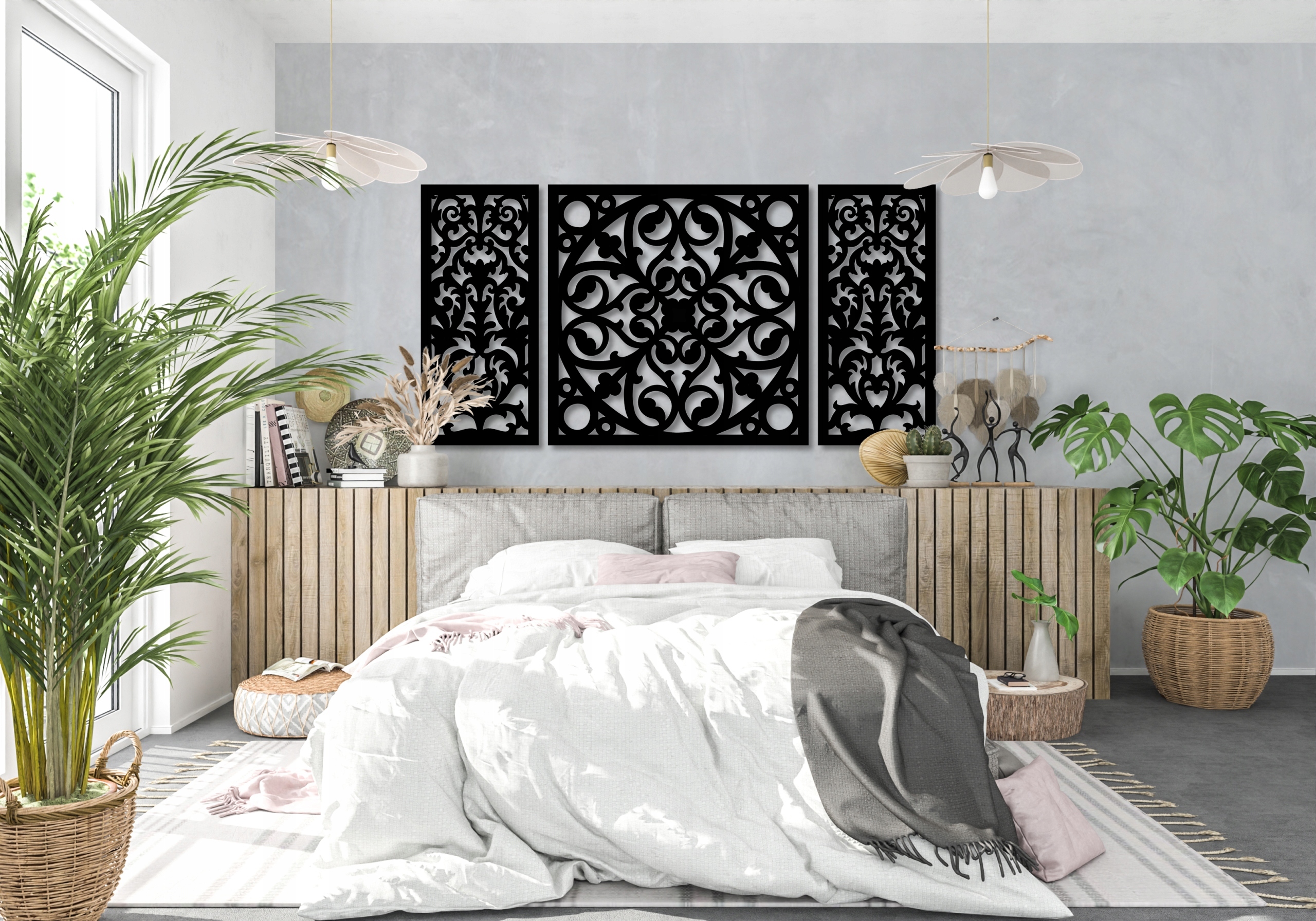 OBRAZ AŻUROWY MANDALA GEOMETRYCZNY DUŻY TRYPTYK DEKORACJA ŚCIENNA OZDOBA XL Wysokość produktu 60 cm