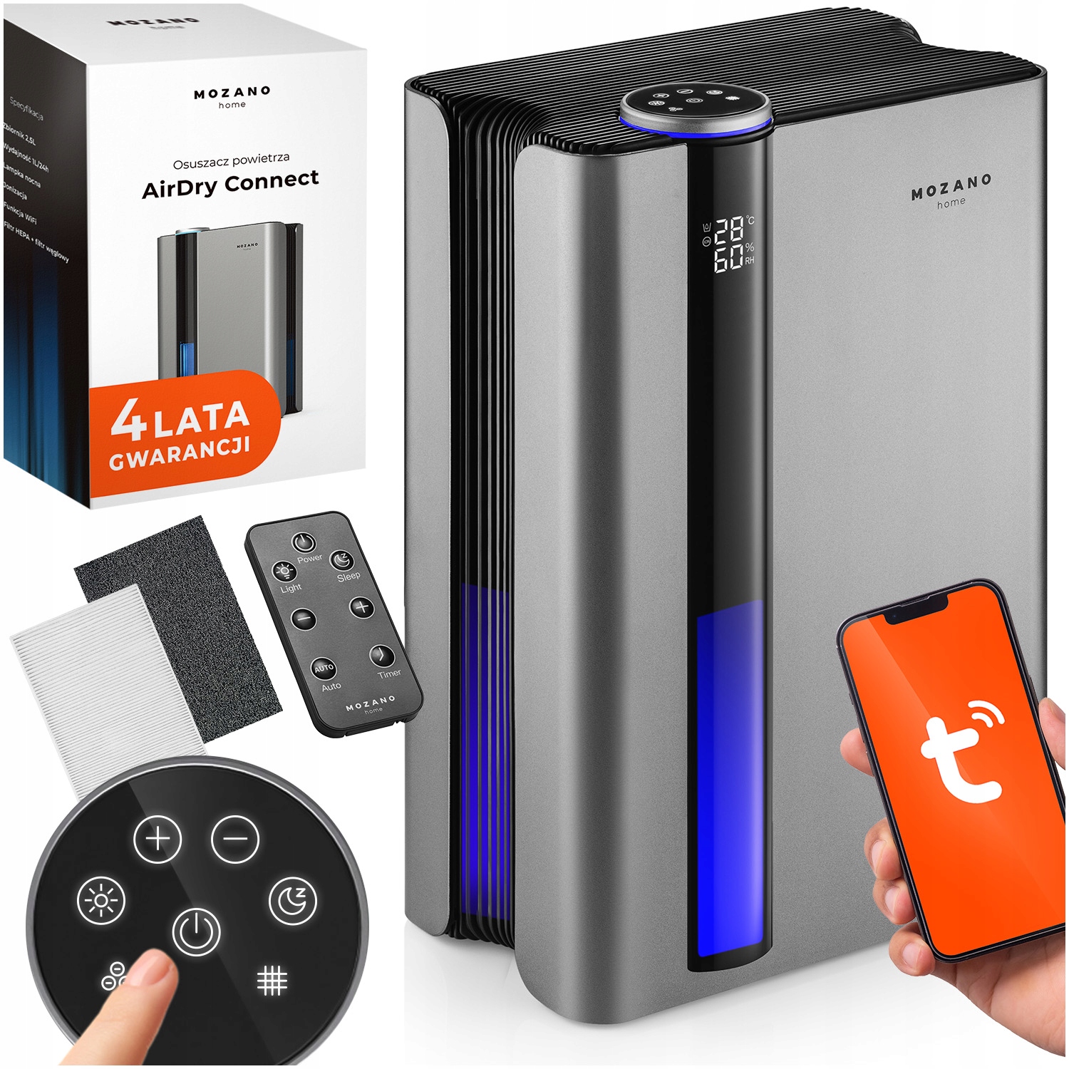 Osuszacz Powietrza 2,5L Pochłaniacz Wilgoci 2 Filtry Oczyszczacz Wifi Mocny