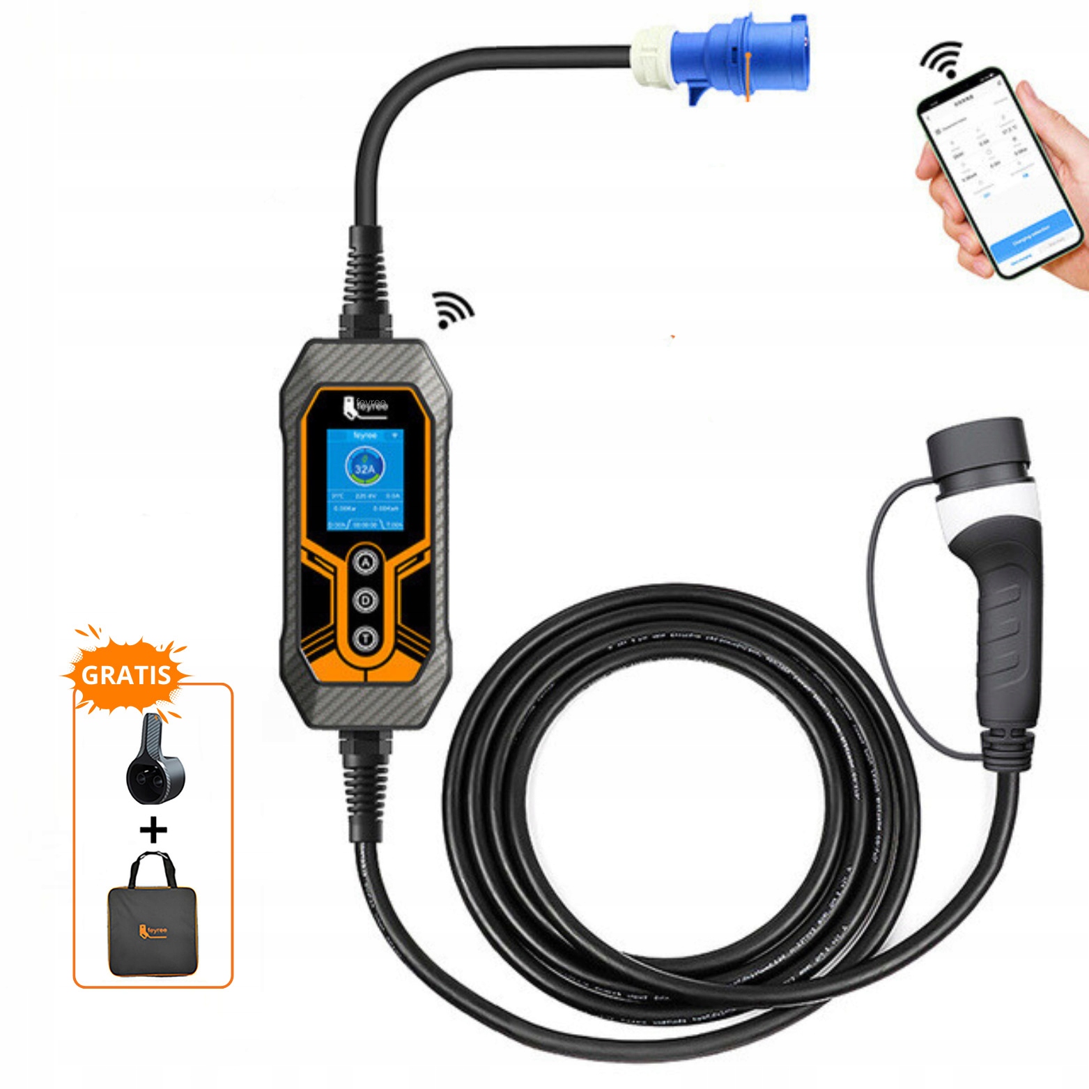 Nabíjačka Ev Feyree mobilná 7 kW kábel 5M/ Rcd-b Plug&Play App 8-32A