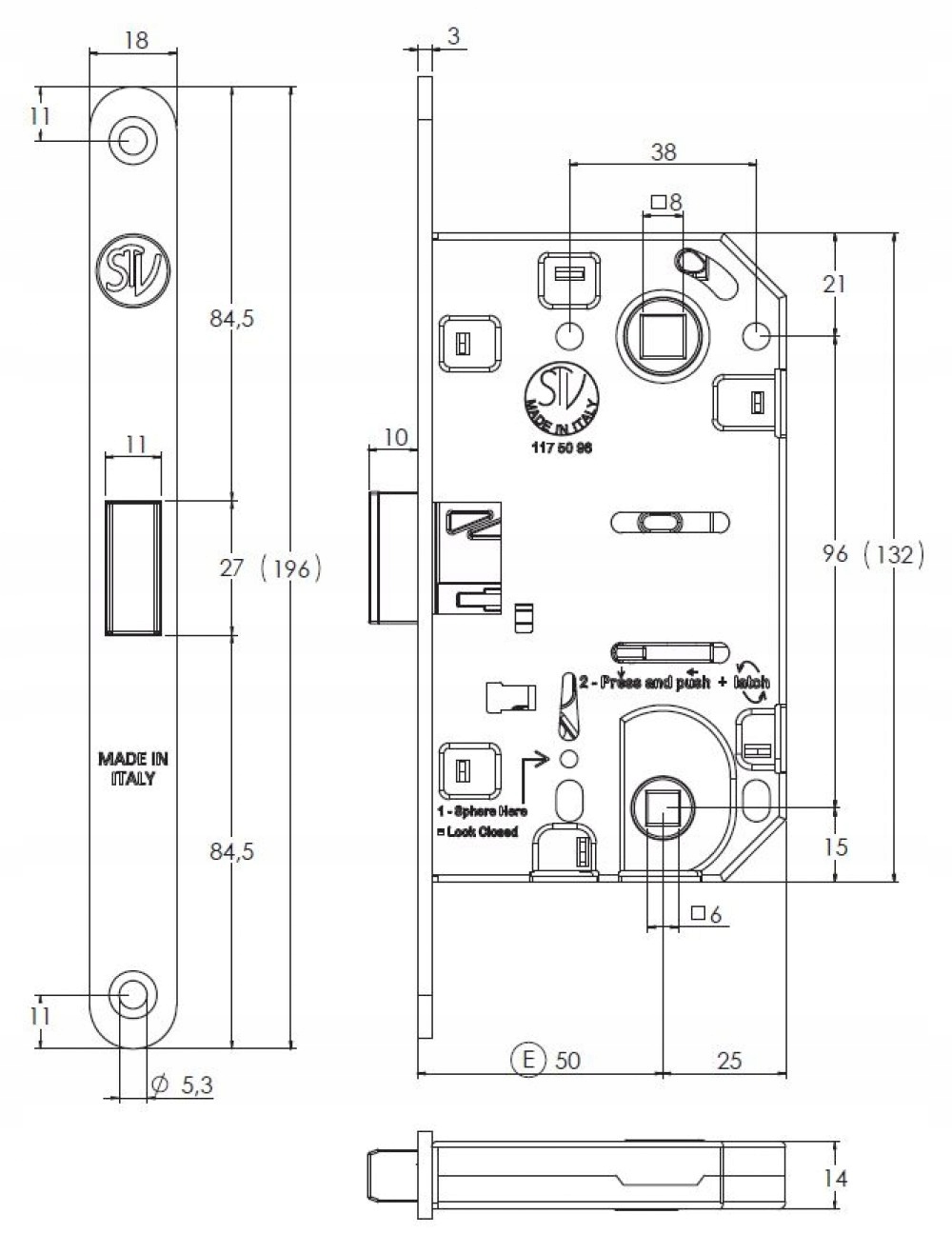 Zapuštěný zámek Stv černý pro dveře Wc koupelna rozteč 96 mm zámek+zámek