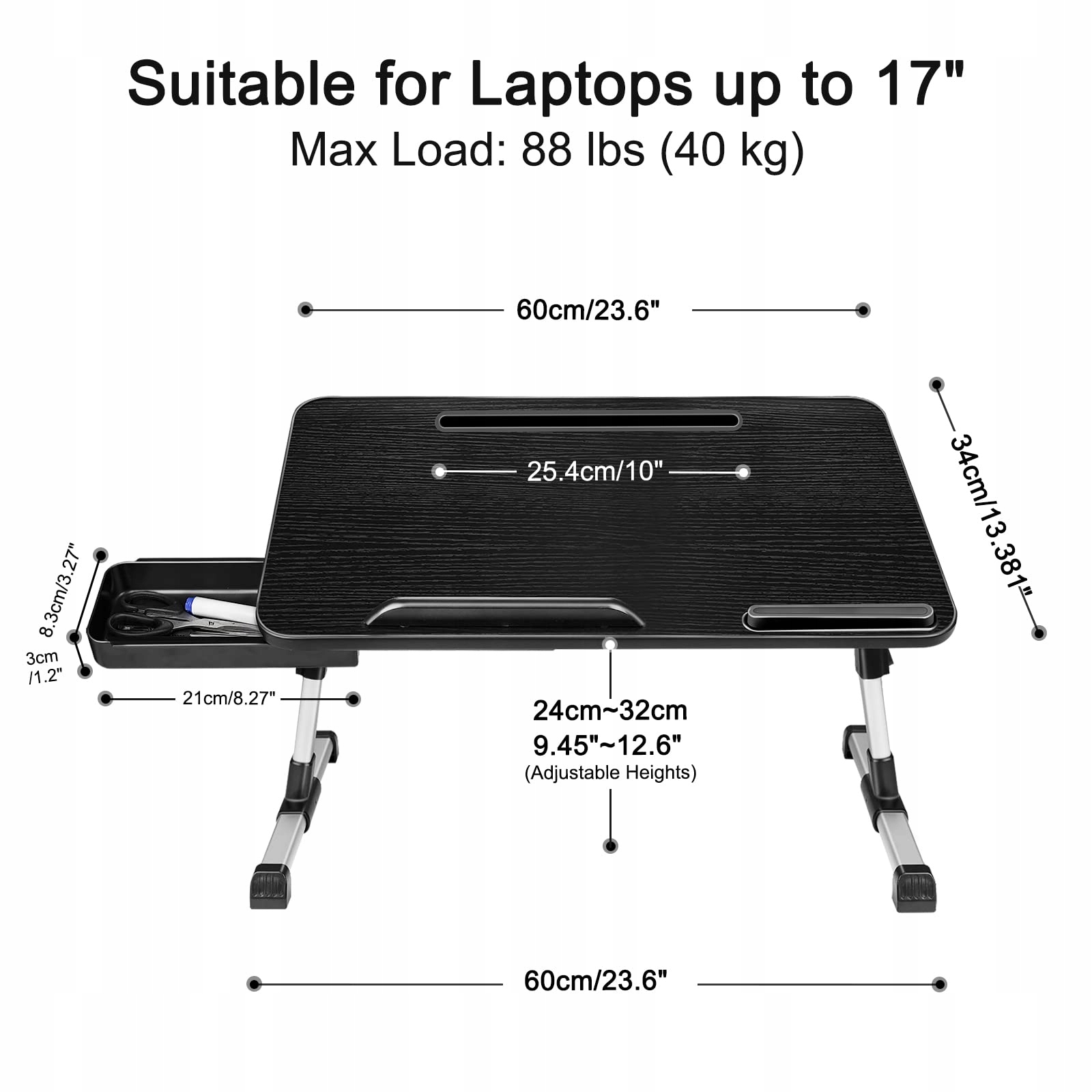AIROPEN STOLIK NA LAPTOP DO ŁÓŻKA REGULOWANY Z SZUFLADĄ CZARNY 60X34cm — miniatura 2