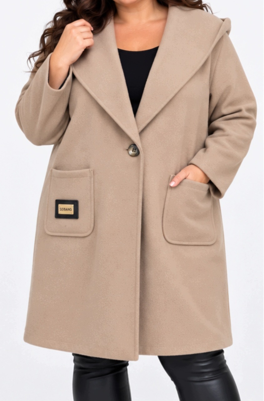 Dámský kabát béžový 4XL/5XL 48 50 52 S Kapucí Plus Size Podzim