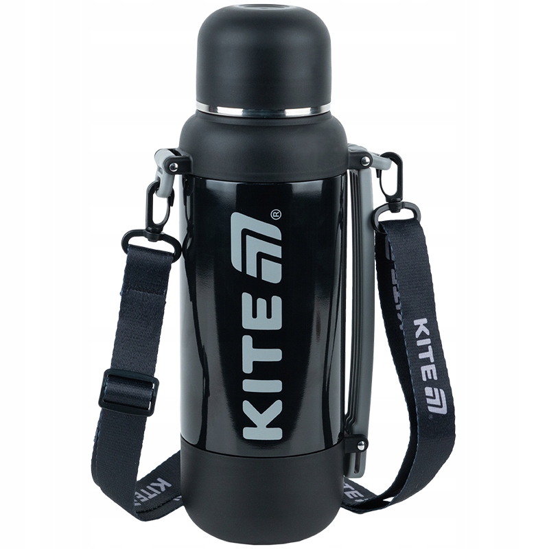 Termos sportowy z kubkiem 1,2 L duży metalowy z uchwytem czarny Kite