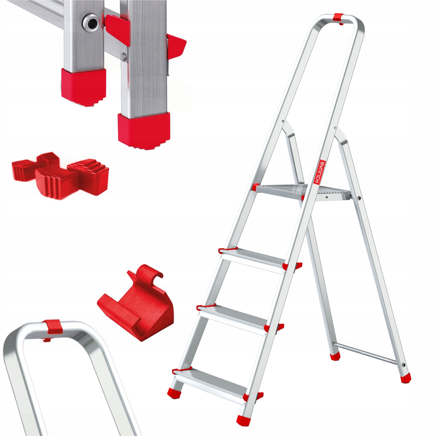 Hliníkový Žebřík pro domácnost, skládací, 4 stupně, hák a patky Baulich Bonus